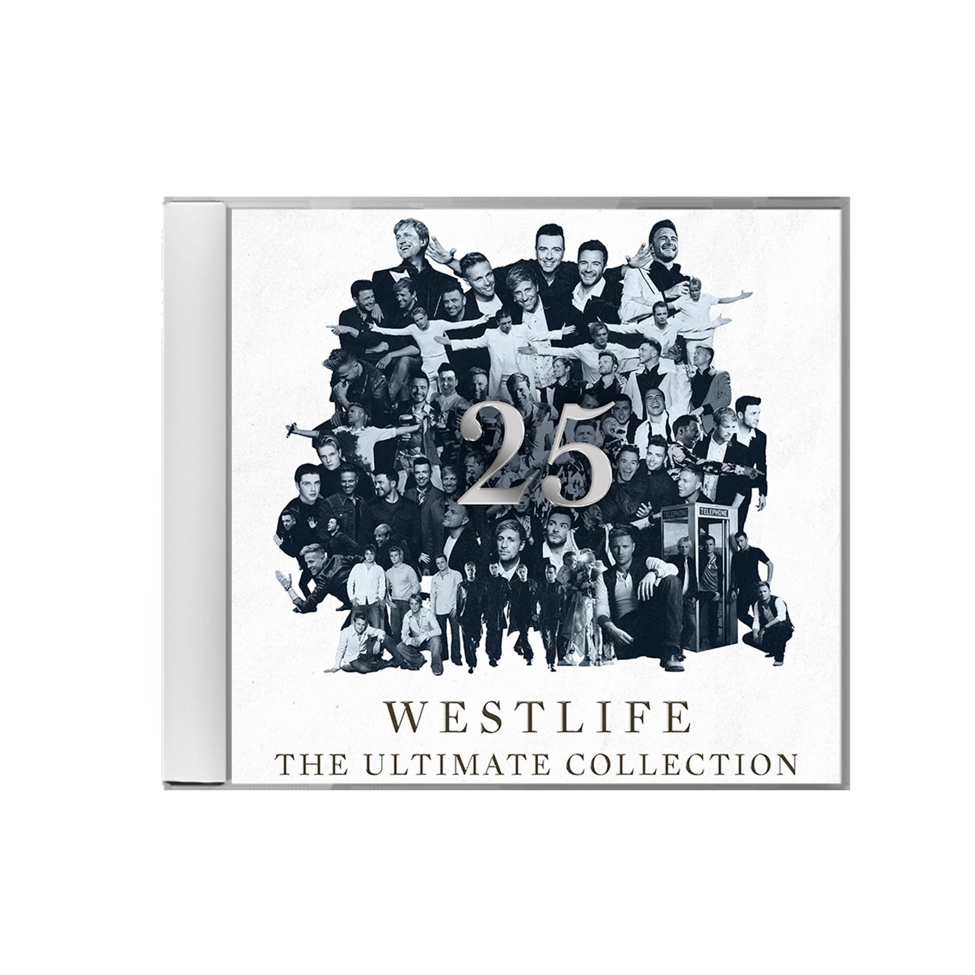 CD-Cover. Eine Collage von Männern, eine große 25 und der Text 'Westlife The Ultimate Collection'.