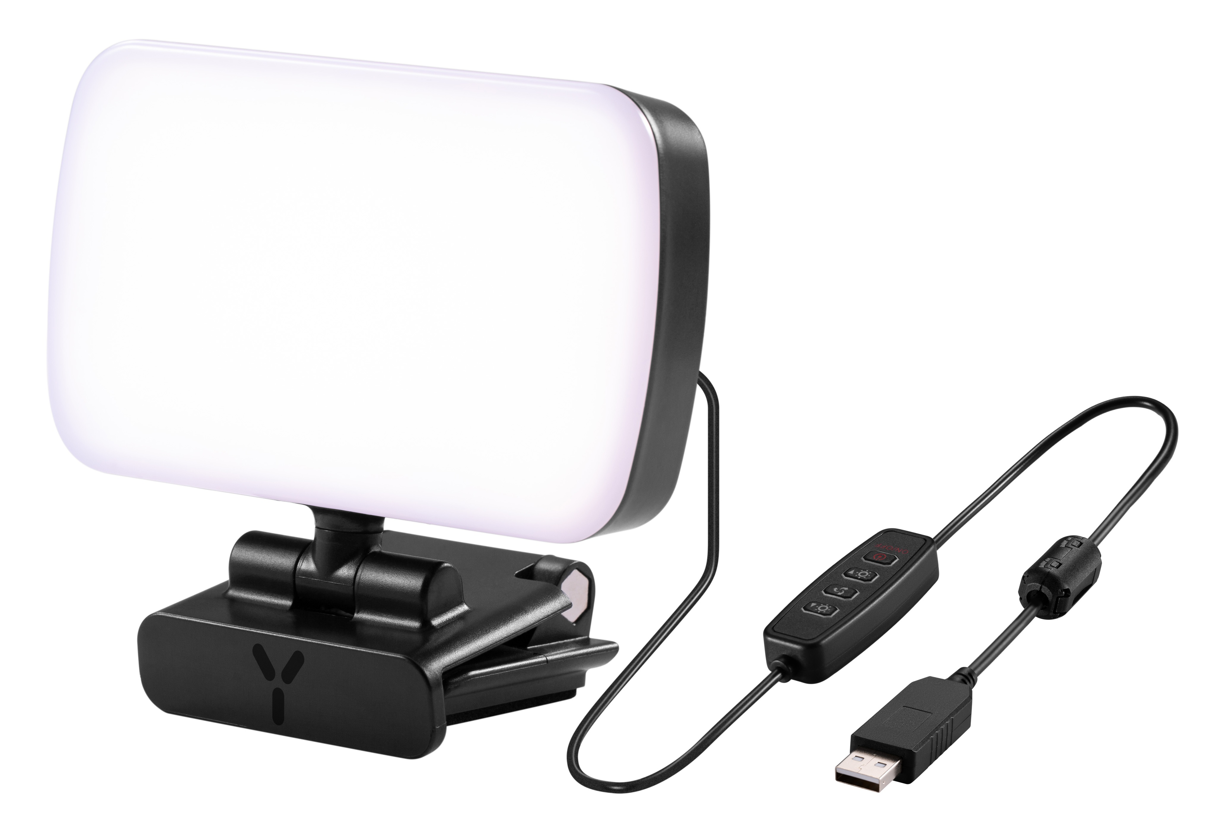 Czarna lampa LED z kablem USB i panelem sterowania, wszystko na białym tle. Lampa jest prostokątna.