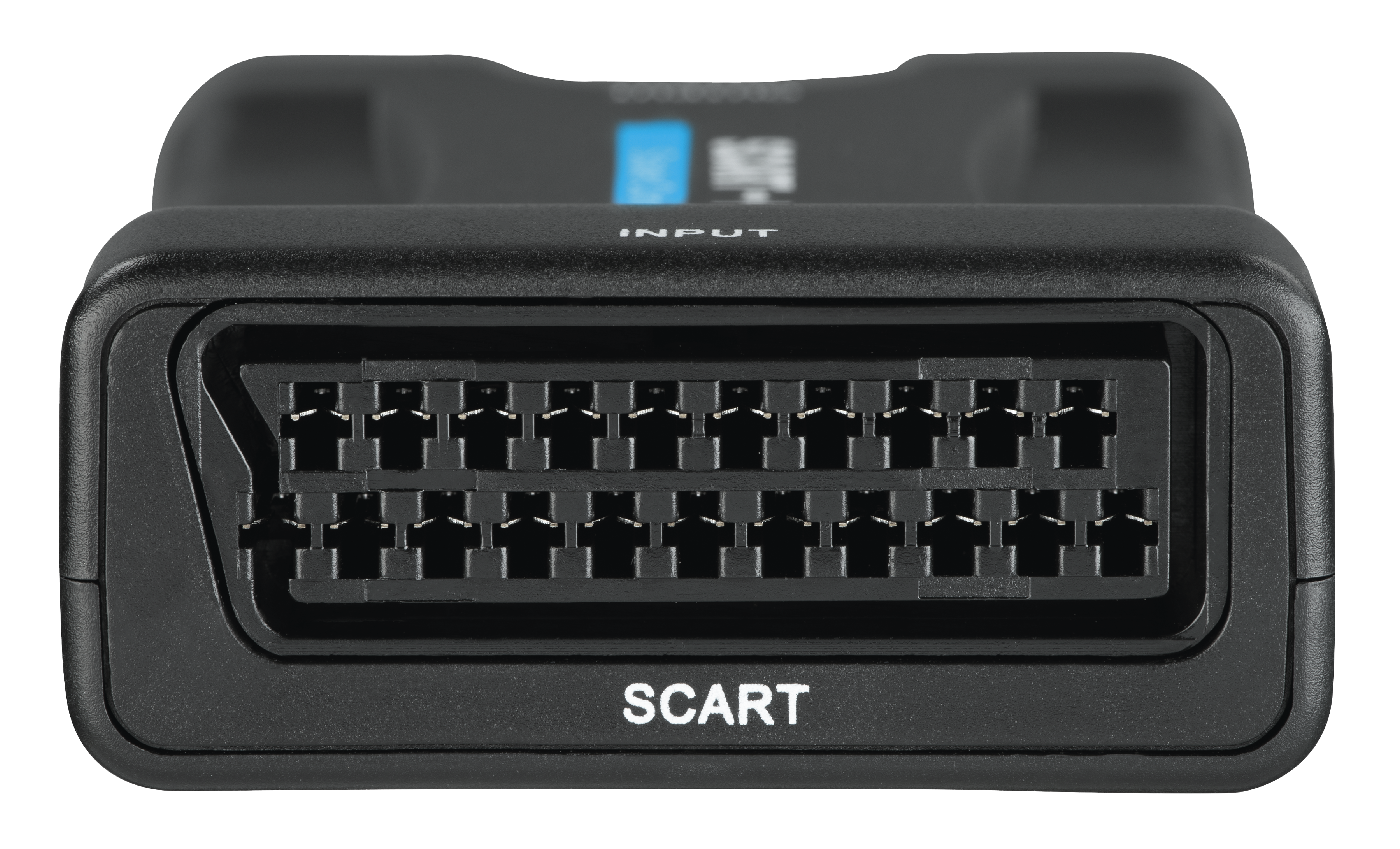 Zbliżenie czarnego złącza SCART, z napisami 'SCART' i 'INPUT'. Złącze ma wiele pinów. Tło jest czarne.