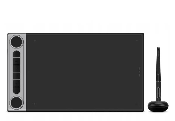 Czarny tablet graficzny ze srebrną krawędzią i czarnym piórem na białym tle.