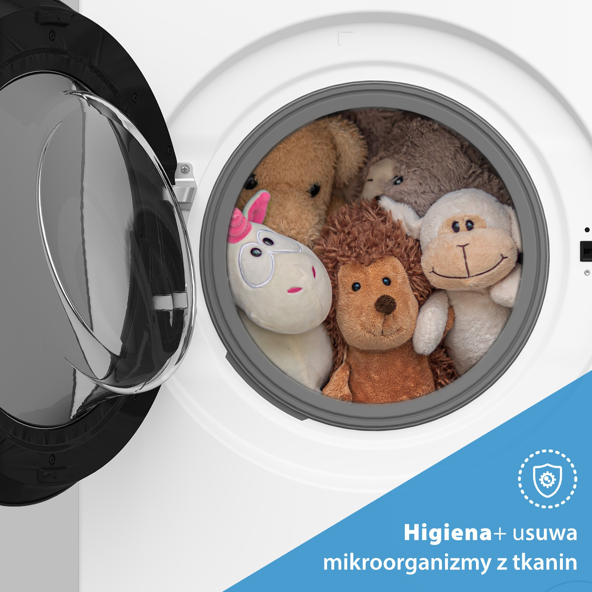 Pralka z pluszowymi zwierzętami w środku. Drzwi są otwarte, pokazując różnorodne pluszaki.