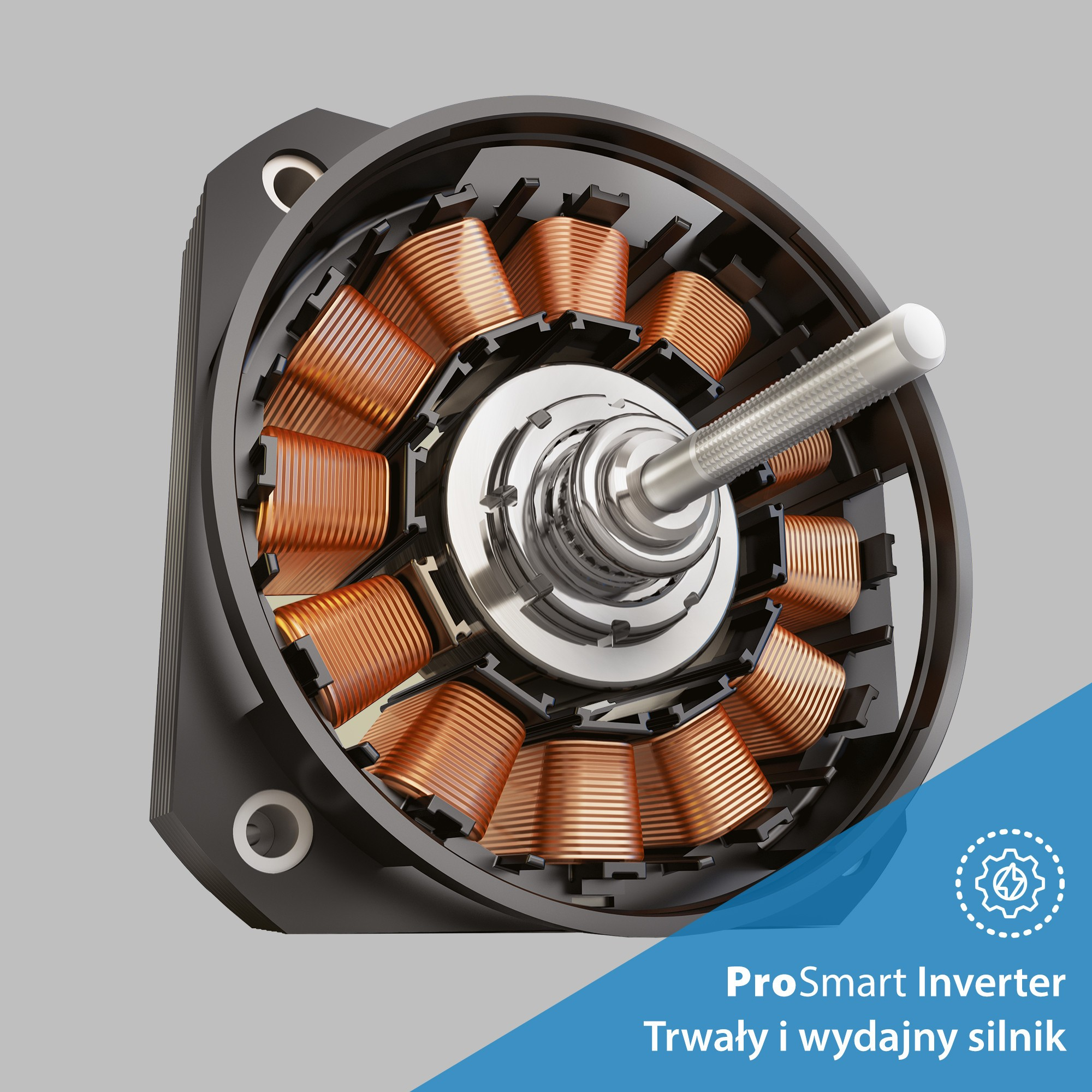 Przekrój silnika elektrycznego. Cewki miedziane w czarnej obudowie, ze srebrnym wałem centralnym.