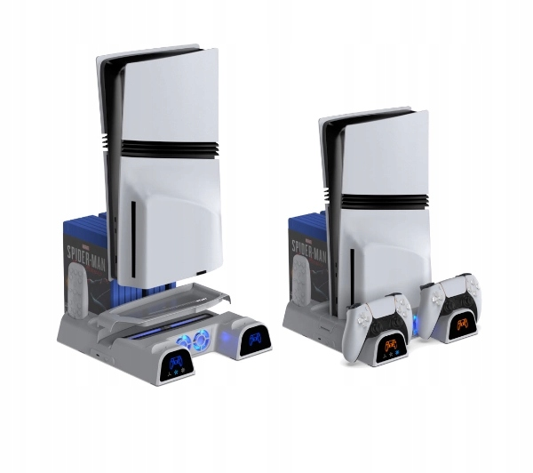 Dwie konsole PlayStation 5 z akcesoriami. Zawiera kontrolery, etui na gry i stację ładującą z niebieskimi światłami.