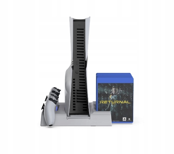 Konsola PlayStation 5, kontroler i pudełko z grą. Gra to Returnal. Konsola jest biało-czarna. Kontroler jest biały.