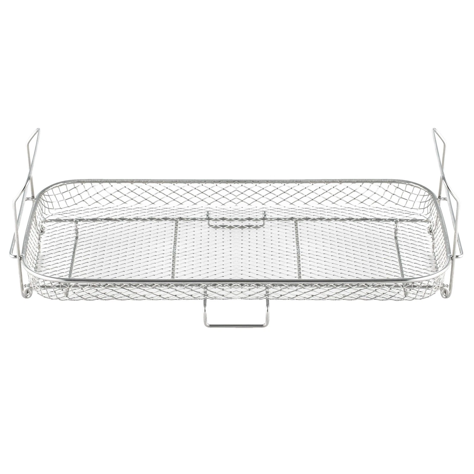 Prostokątny kosz do frytkownicy powietrznej ze stali nierdzewnej z siatką drucianą, uchwytami i uchwytem podstawy, wszystko na białym tle.