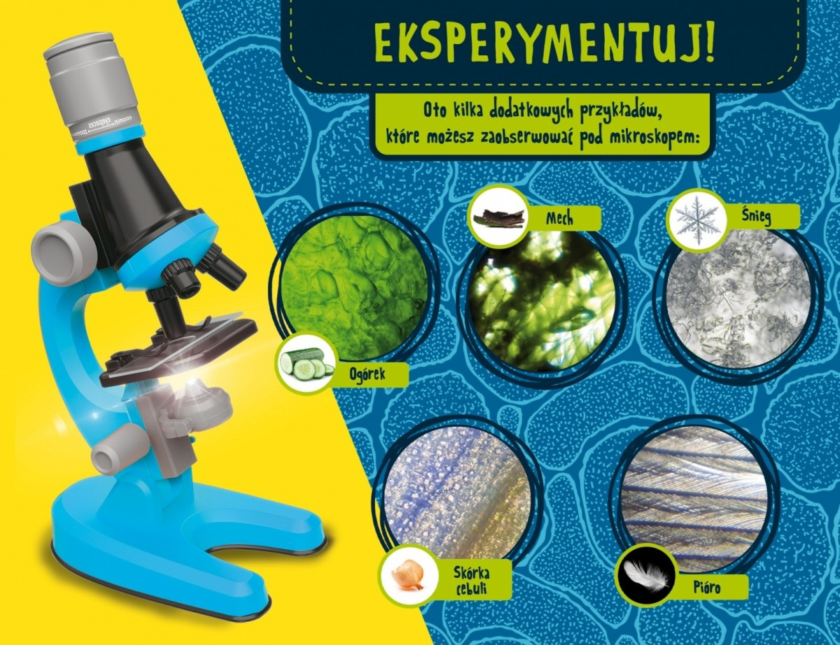 Niebieski mikroskop z próbkami, takimi jak śnieg i skórka cebuli. Tekst brzmi 'Eksperymentuj!' a nazwy próbek są po polsku.