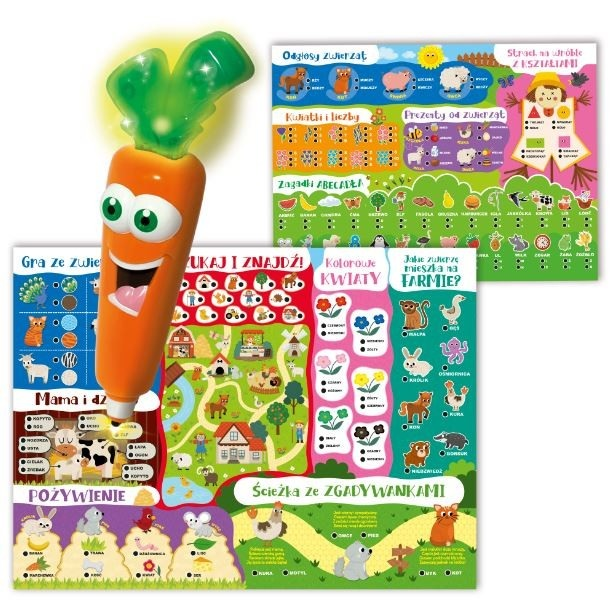 Pomarańczowa zabawka marchewka z uśmiechniętą twarzą i trzema tablicami edukacyjnymi z kolorowymi ilustracjami i tekstem po polsku.