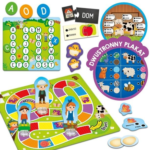 Gra planszowa z literami, zwierzętami gospodarskimi i figurkami. Zawiera planszę, elementy układanki i karty edukacyjne.