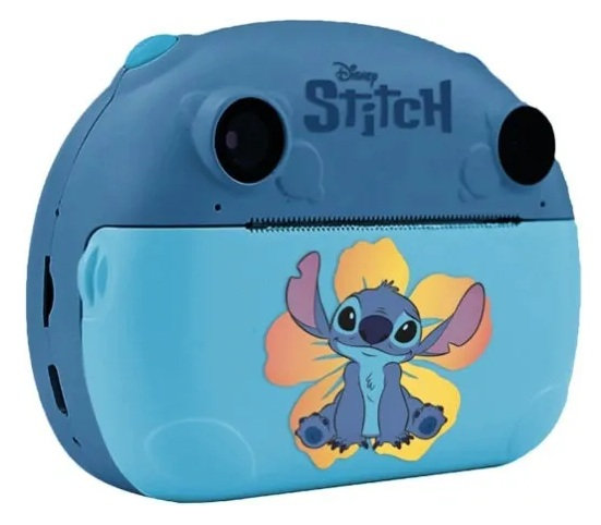 Niebieski i jasnoniebieski aparat fotograficzny z motywem Stitch. Stitch jest narysowany z przodu, z logo Disney Stitch powyżej. Ma dwa obiektywy.