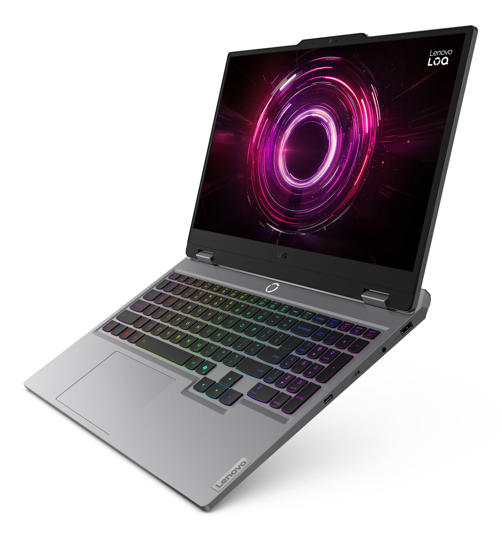 Laptop Lenovo LOQ na czarnym tle. Ekran wyświetla kolorowy okrągły wzór. Klawiatura jest podświetlana.