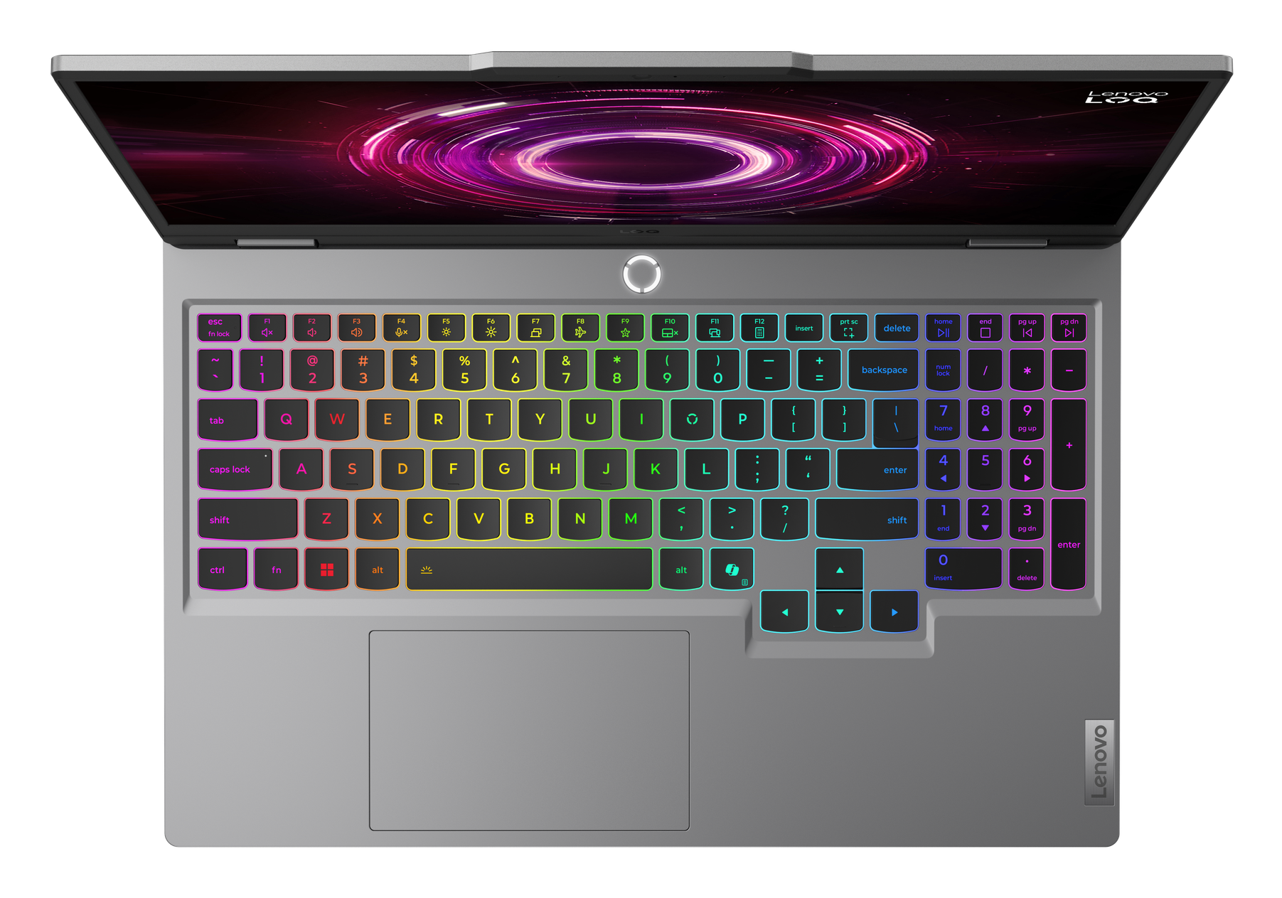 Laptop z kolorową podświetlaną klawiaturą. Ekran wyświetla różowo-fioletowy okrągły wzór. Widoczne logo Lenovo.