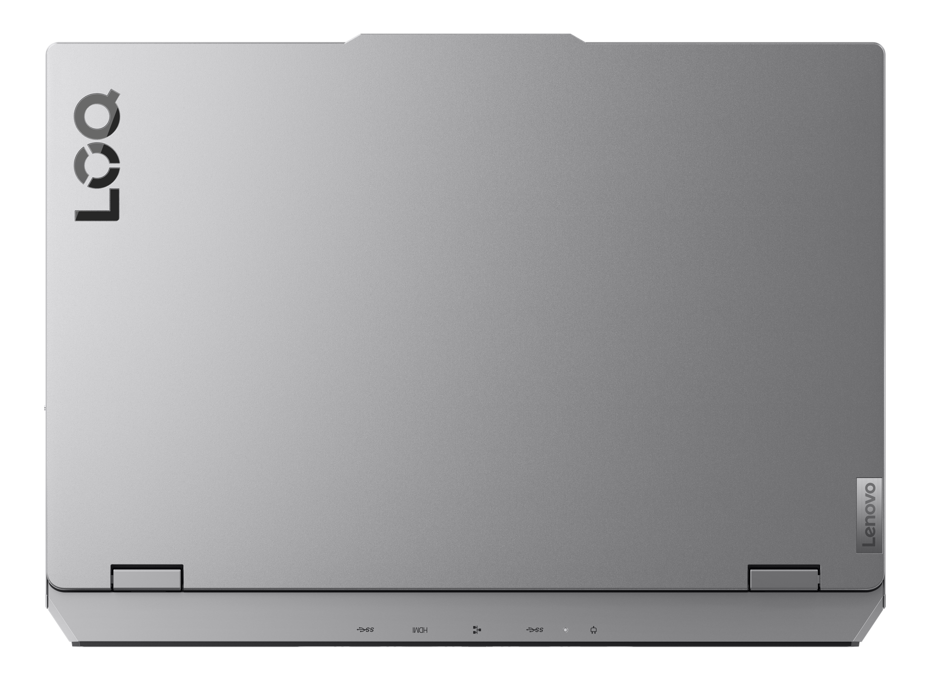 Widok z góry na szary laptop Lenovo. Ma słowo 'LOQ' po lewej stronie u góry i logo Lenovo po prawej stronie.