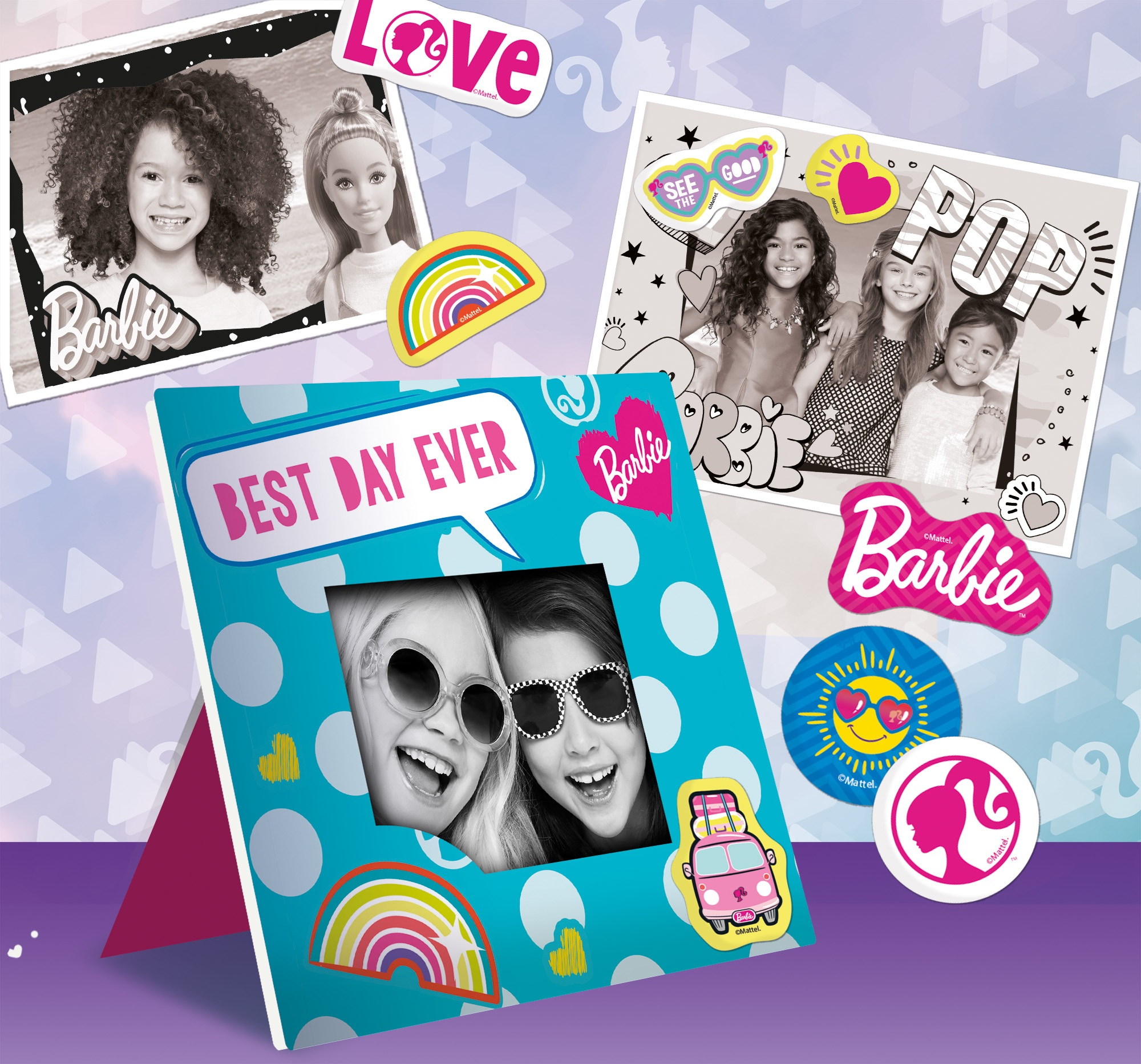 Kolaż z motywem Barbie. Zawiera zdjęcia, naklejki i ramkę z dwoma dziewczynami w okularach przeciwsłonecznych.