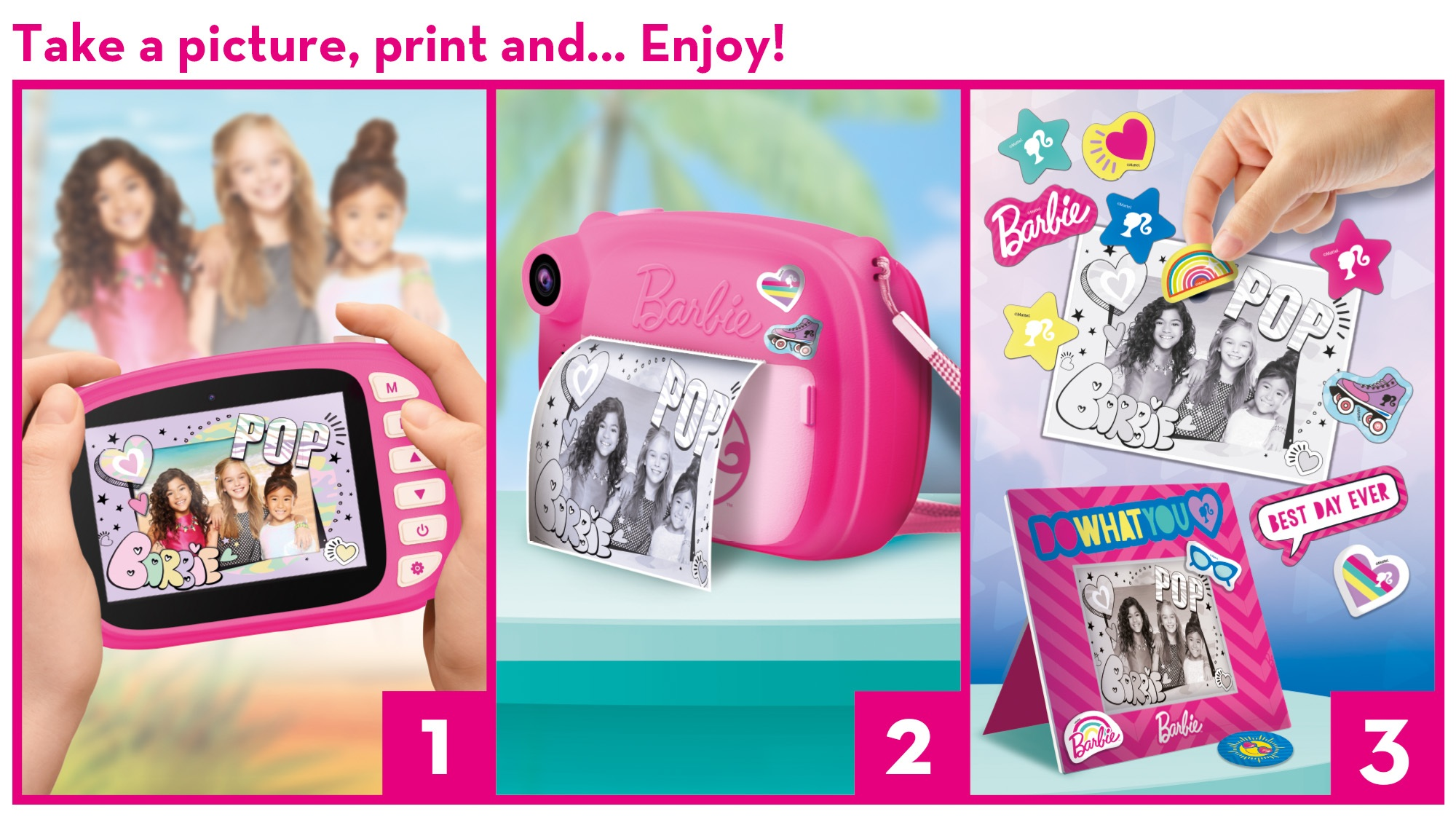 Obraz przedstawia aparat Barbie i wydrukowane zdjęcia. Scena obejmuje naklejki, ramkę i dłoń nakładającą naklejkę.