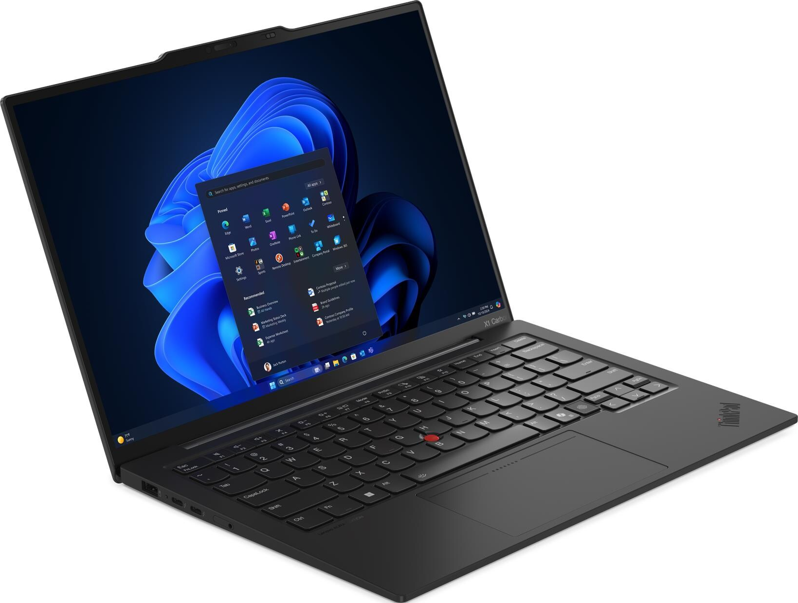 Schwarzer Laptop mit Windows 11-Oberfläche. Der Bildschirm zeigt App-Symbole und einen blauen abstrakten Hintergrund.