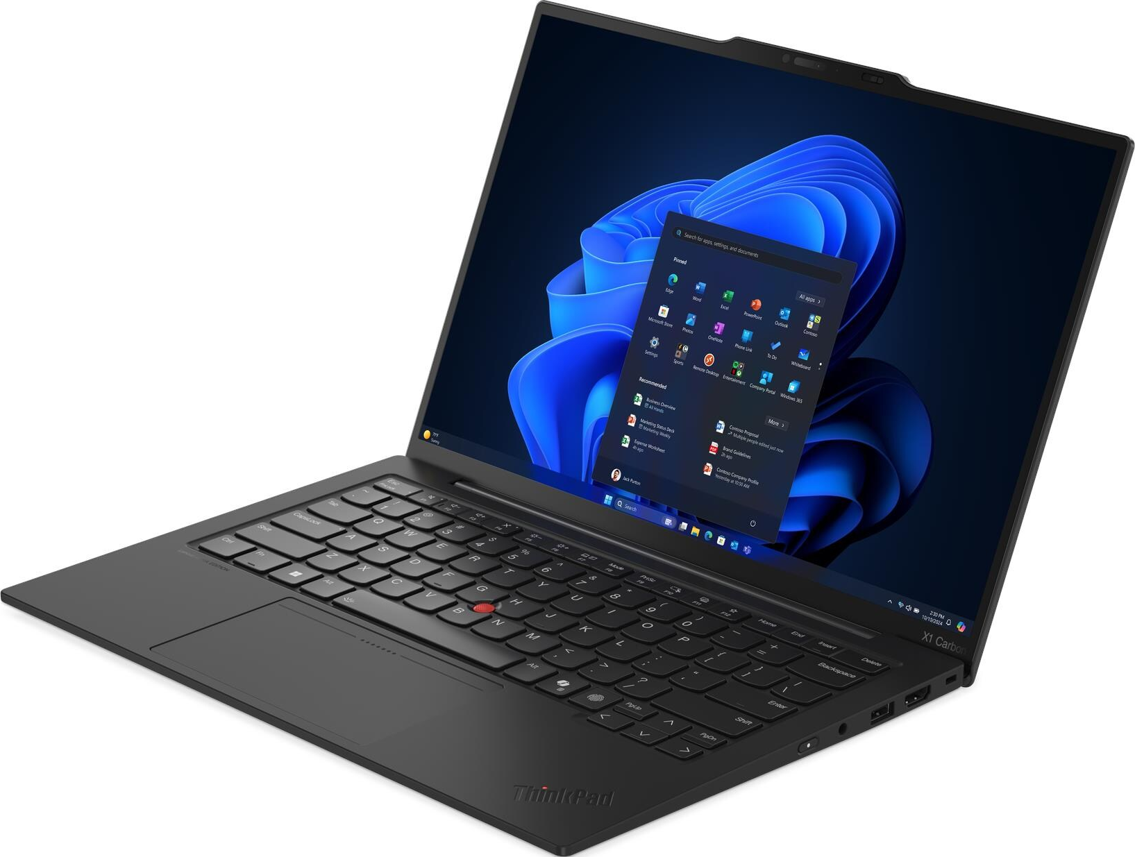 Schwarzer Laptop mit Windows 11. Der Bildschirm zeigt App-Symbole und ein Startmenü. Tastatur und Touchpad sind sichtbar.