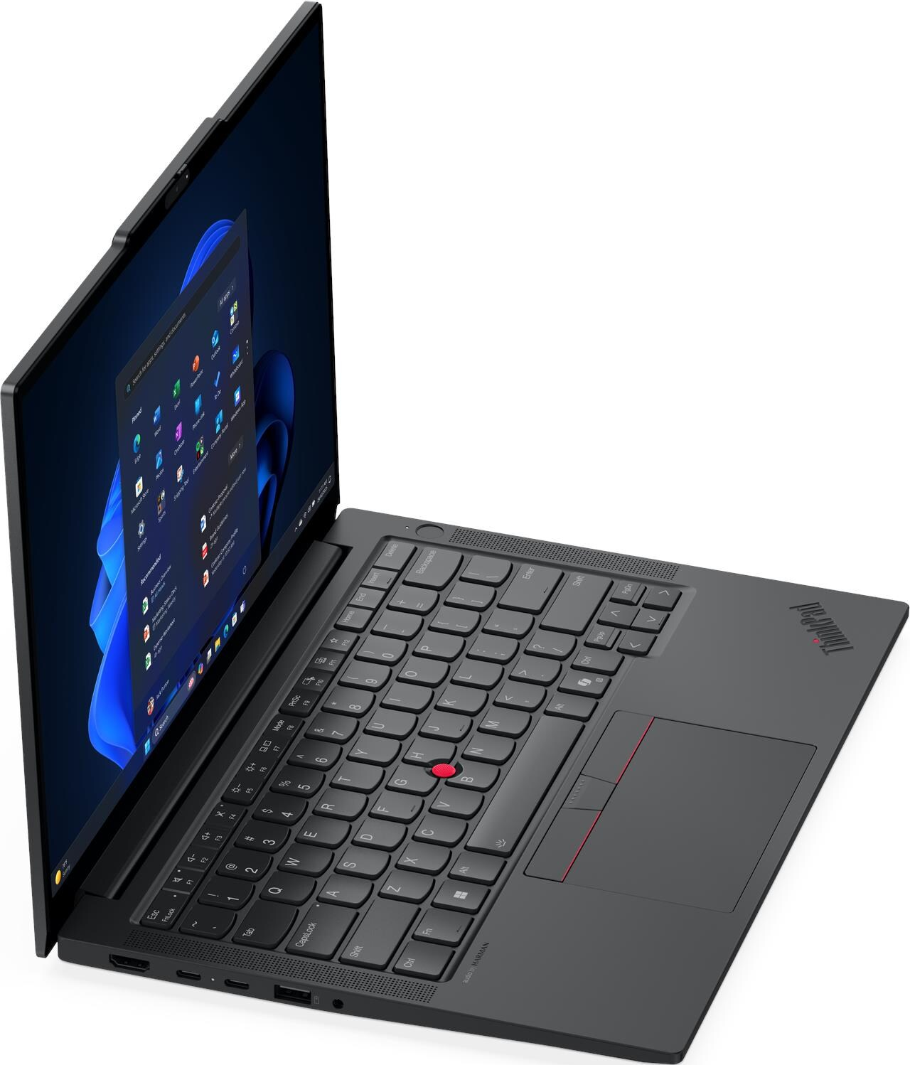 Ein schwarzes ThinkPad-Laptop ist geöffnet. Der Bildschirm zeigt die Windows 11-Oberfläche. Die Tastatur hat einen roten Trackpoint.