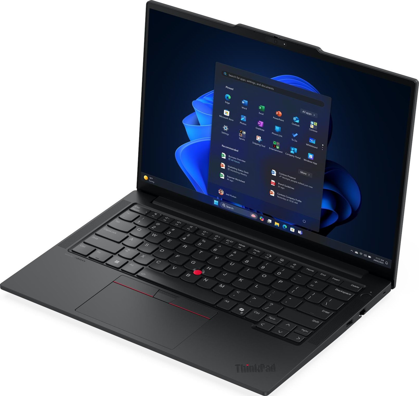 Schwarzer ThinkPad-Laptop, geöffnet, zeigt Windows-Oberfläche. Tastatur mit rotem Trackpoint sichtbar. Bildschirm zeigt App-Symbole.