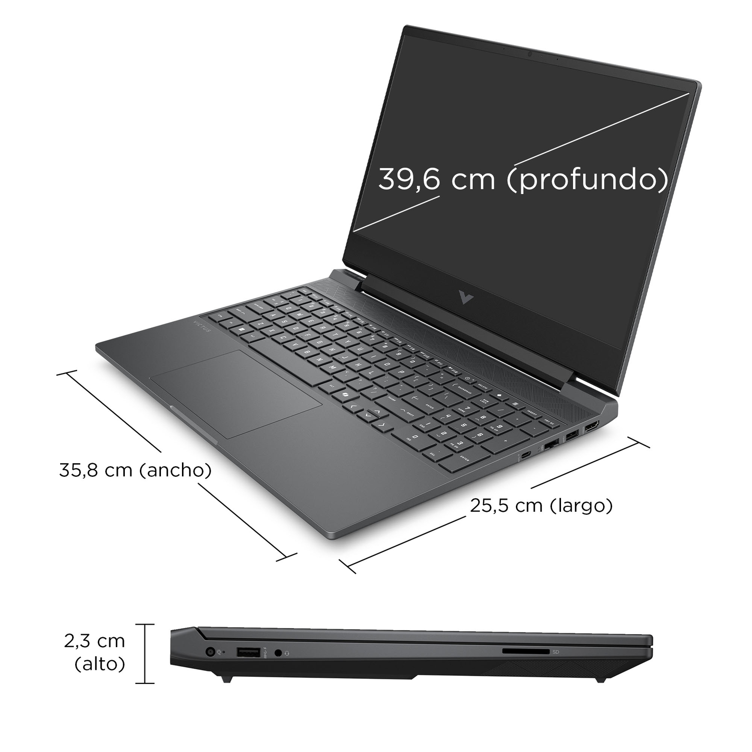 Se muestra un portátil gris oscuro con dimensiones: 39,6 cm de profundidad, 35,8 cm de ancho, 25,5 cm de largo y 2,3 cm de alto. El teclado es visible.