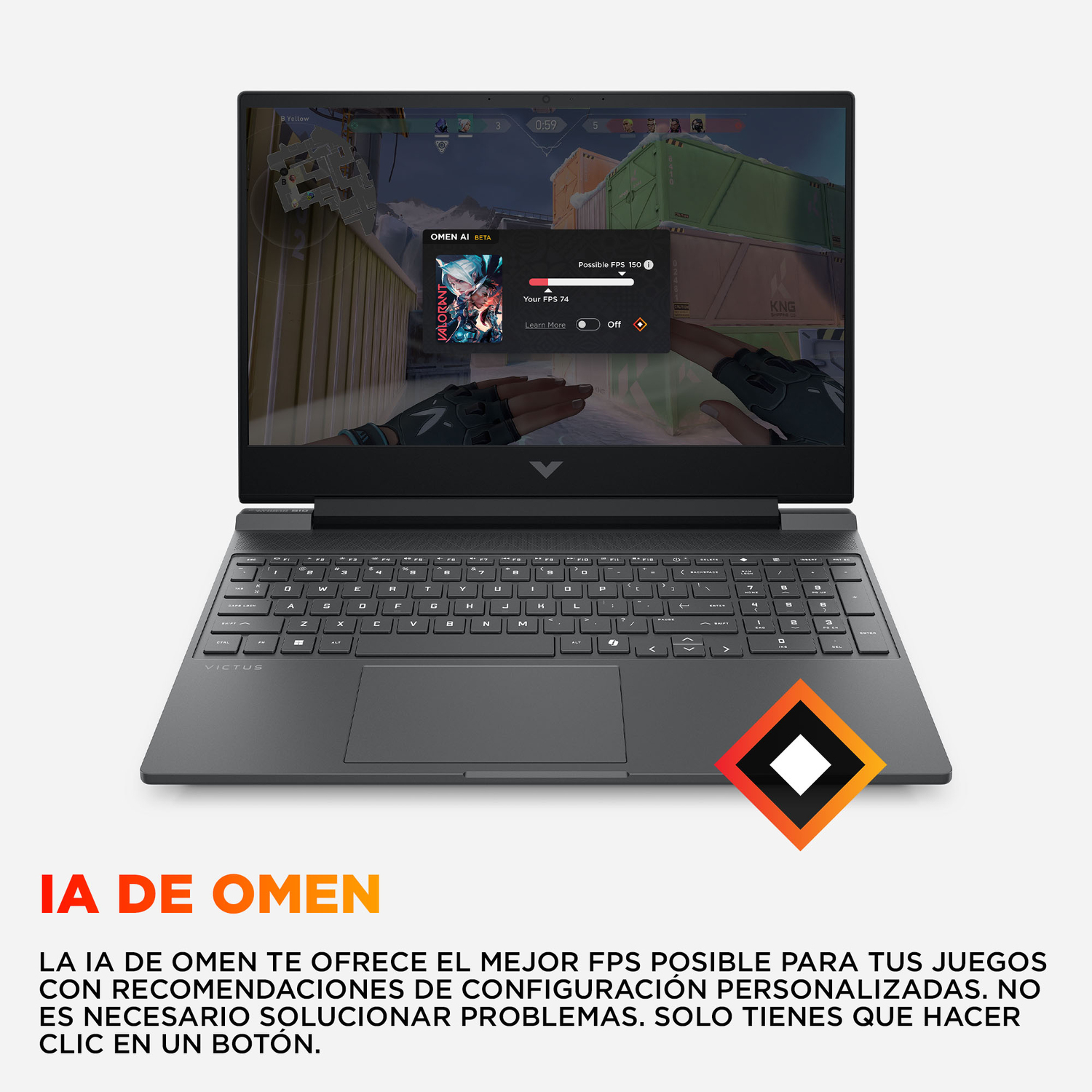 Se muestra una laptop con pantalla de juego. La superposición de texto dice 'IA DE OMEN'. La pantalla muestra un juego con detalles de FPS.