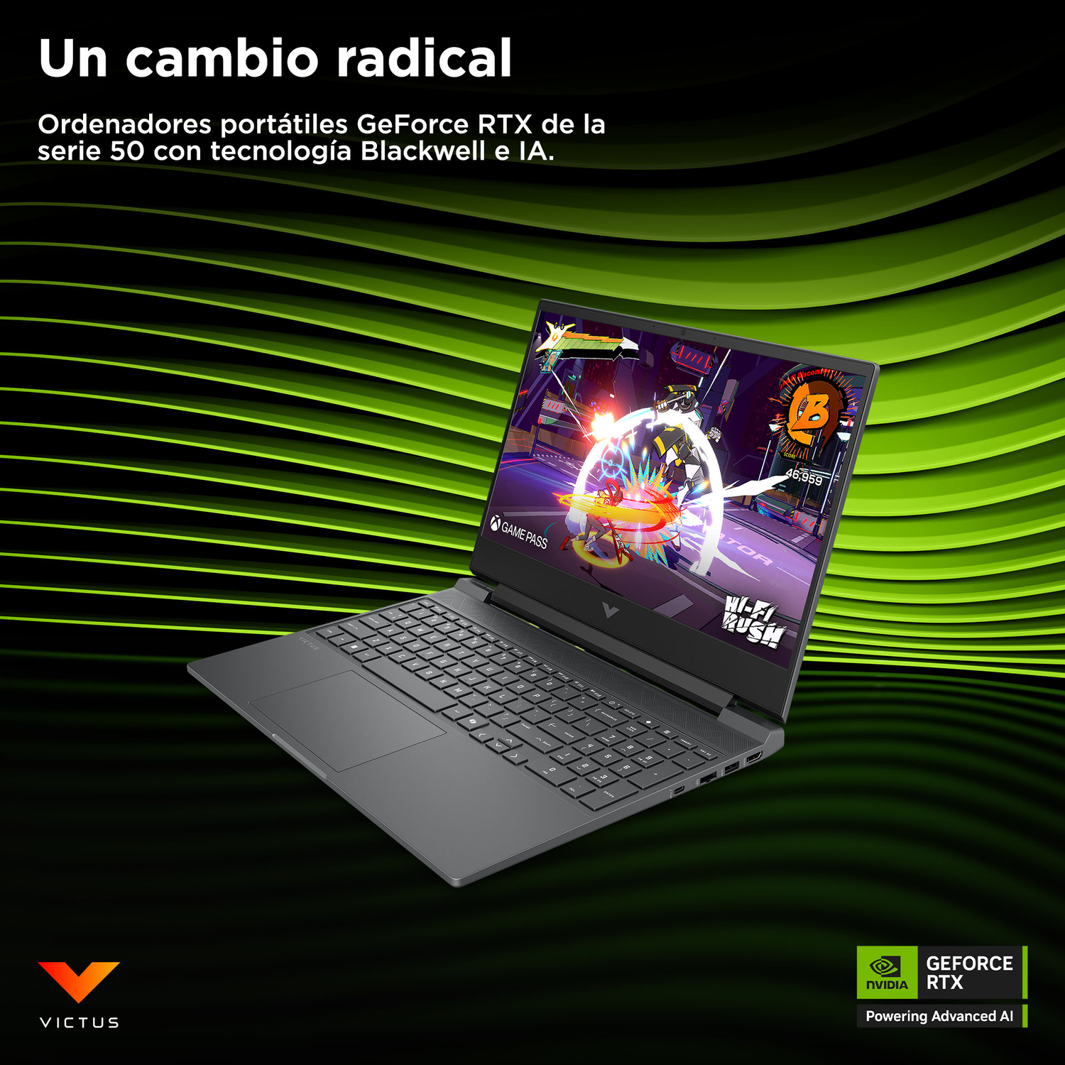 Un portátil muestra una escena de juego. Tiene teclado y pantalla negros, sobre un fondo verde con texto y logotipos.