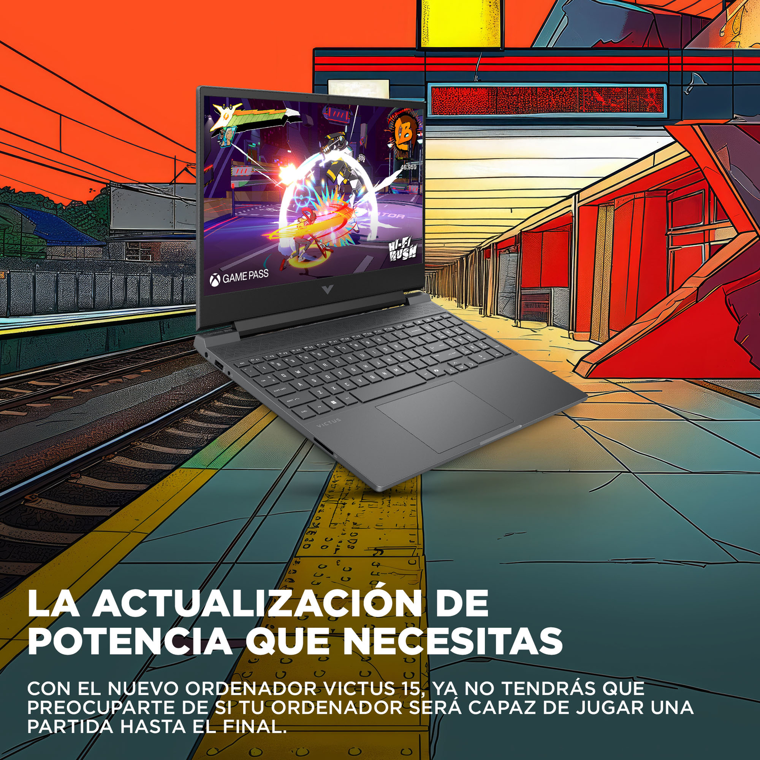 Laptop mostrando un juego. Fondo: estación de tren con tonos naranja y rojo. Texto abajo: 'VICTUS 15'.