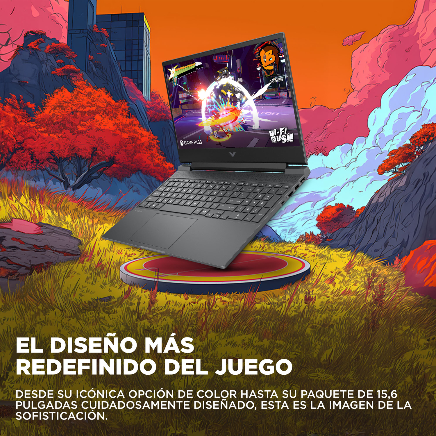 Un portátil muestra una escena de juego con figuras de acción. El portátil está sobre una plataforma amarilla. El fondo muestra una ciudad y un cielo naranja.