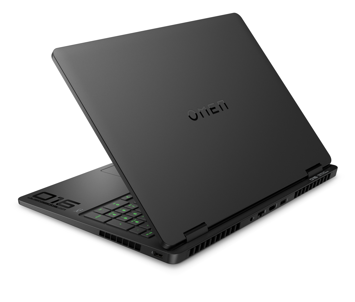 Portátil OMEN negro abierto. El teclado es visible con teclas retroiluminadas verdes. El logotipo OMEN está en la tapa.