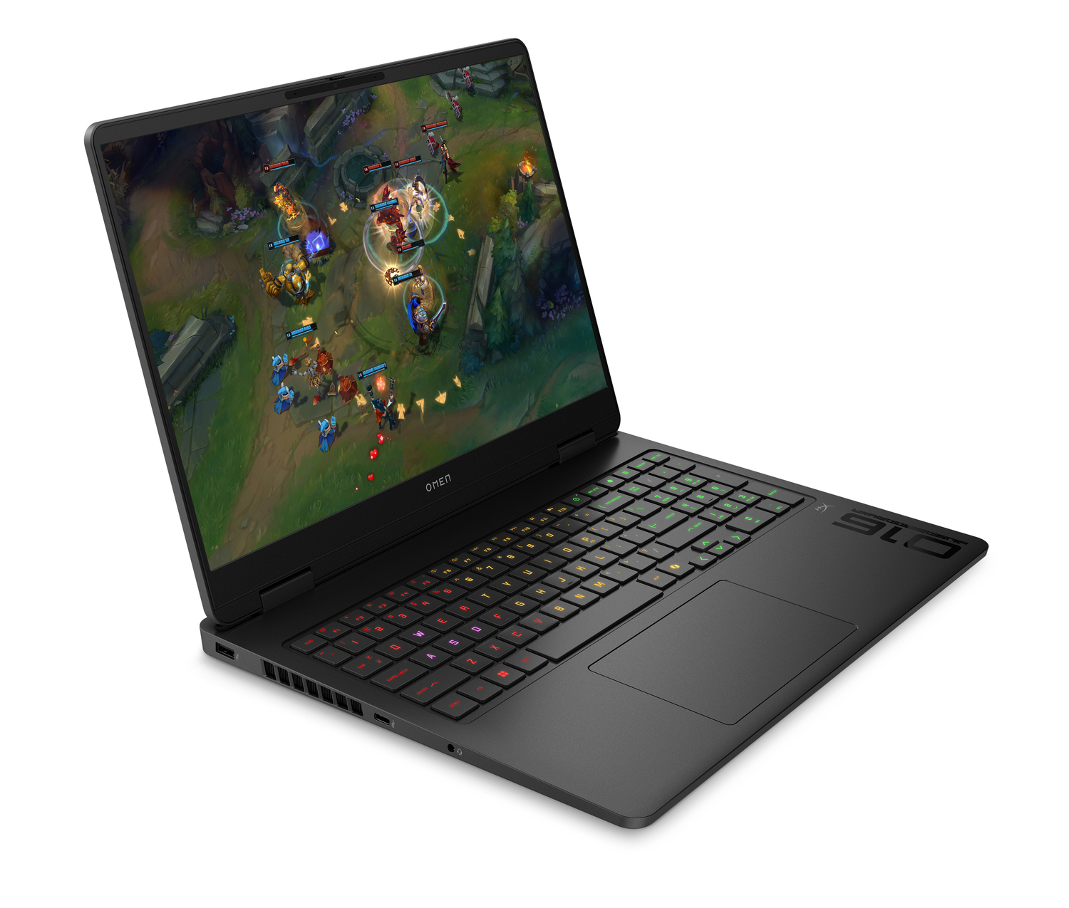 Portátil Omen negro que muestra una pantalla de juego con personajes luchando. El teclado está iluminado con teclas verdes y rojas.