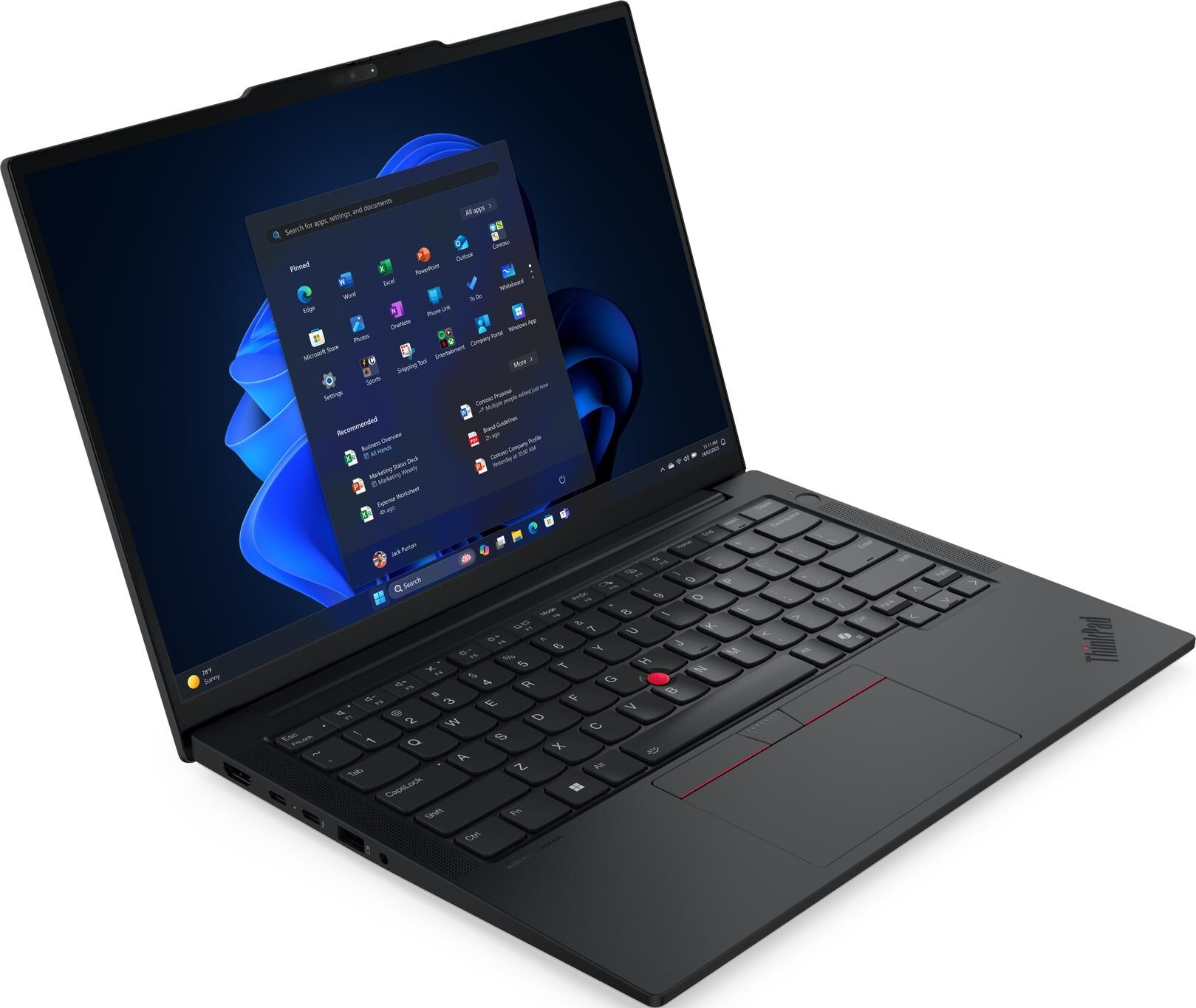Schwarzer ThinkPad-Laptop mit geöffneter Windows-Oberfläche, die App-Symbole und eine Suchleiste anzeigt. Tastatur und Touchpad sind sichtbar.