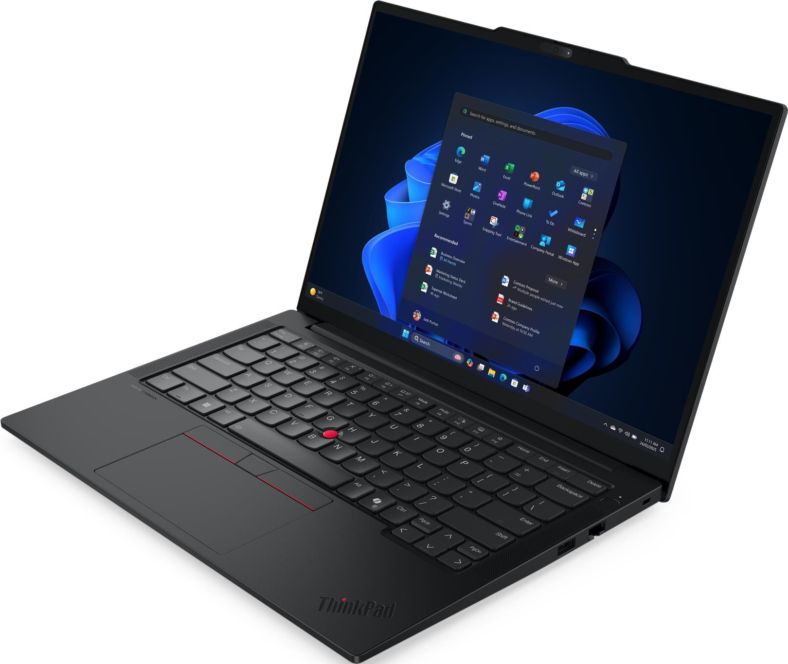Schwarzer ThinkPad-Laptop, geöffnet, mit Windows-Oberfläche. Tastatur und Touchpad sichtbar. Bildschirm zeigt App-Symbole und Suchleiste.