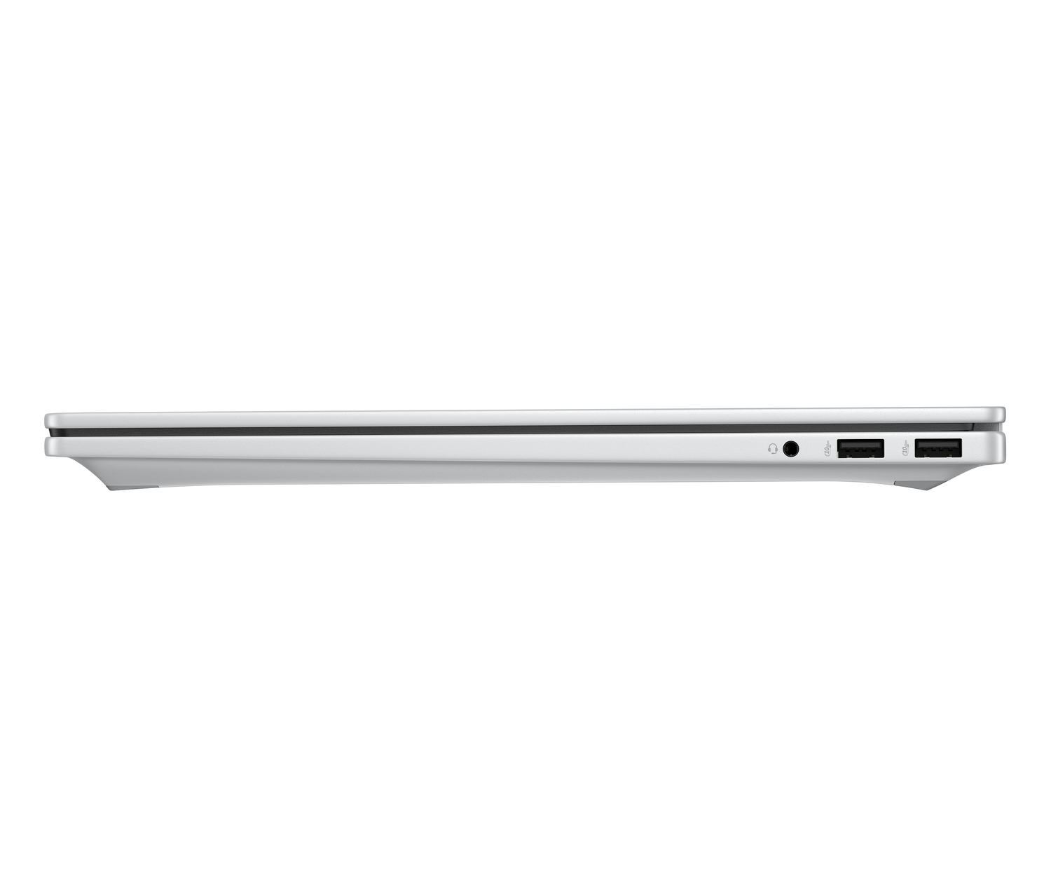 Vista lateral de un portátil plateado. Los puertos incluyen conector de audio, puertos USB. El portátil está sobre un fondo blanco.