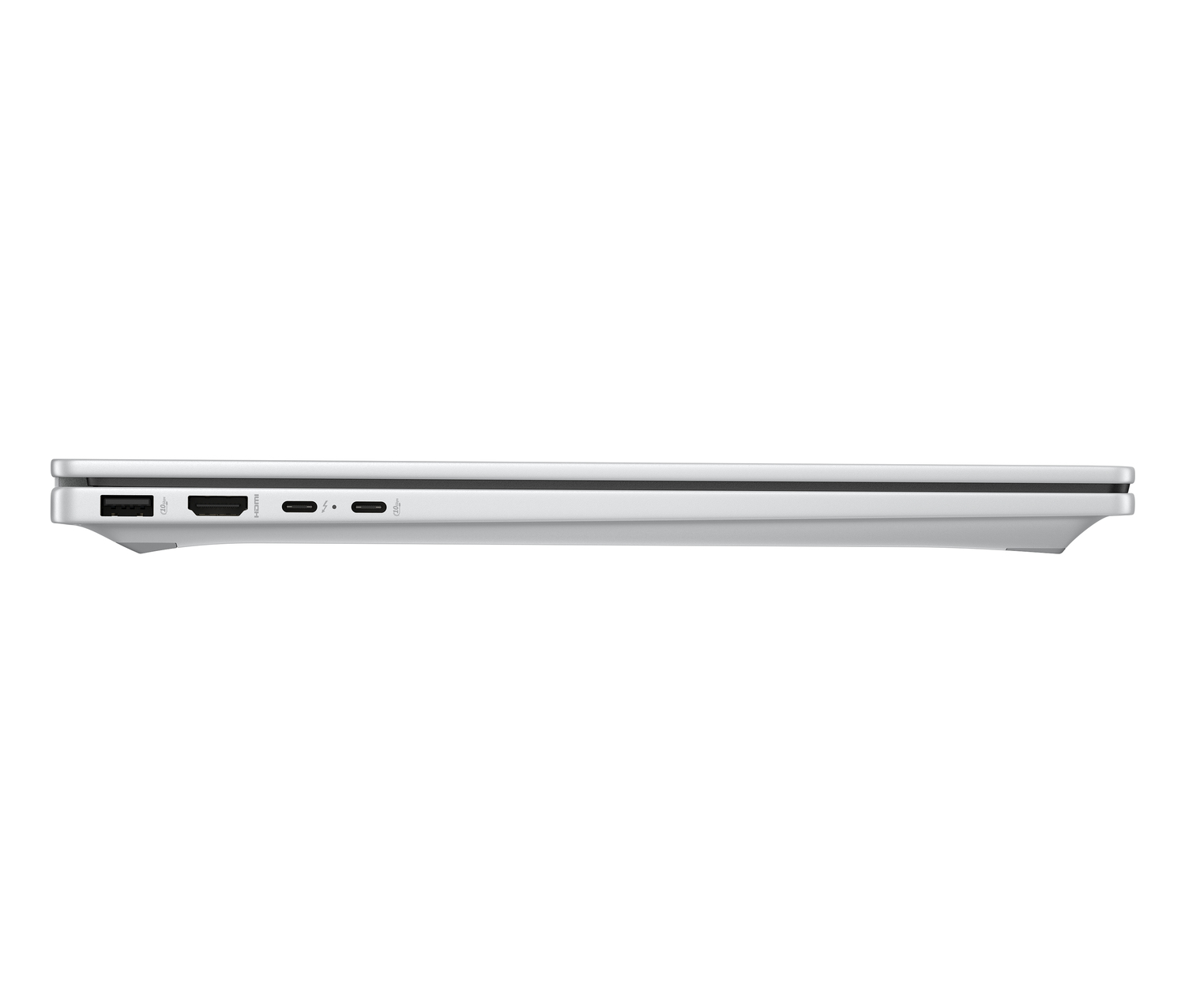 Vista lateral de un portátil plateado. Los puertos incluyen USB, HDMI y USB-C. El portátil está sobre un fondo blanco.