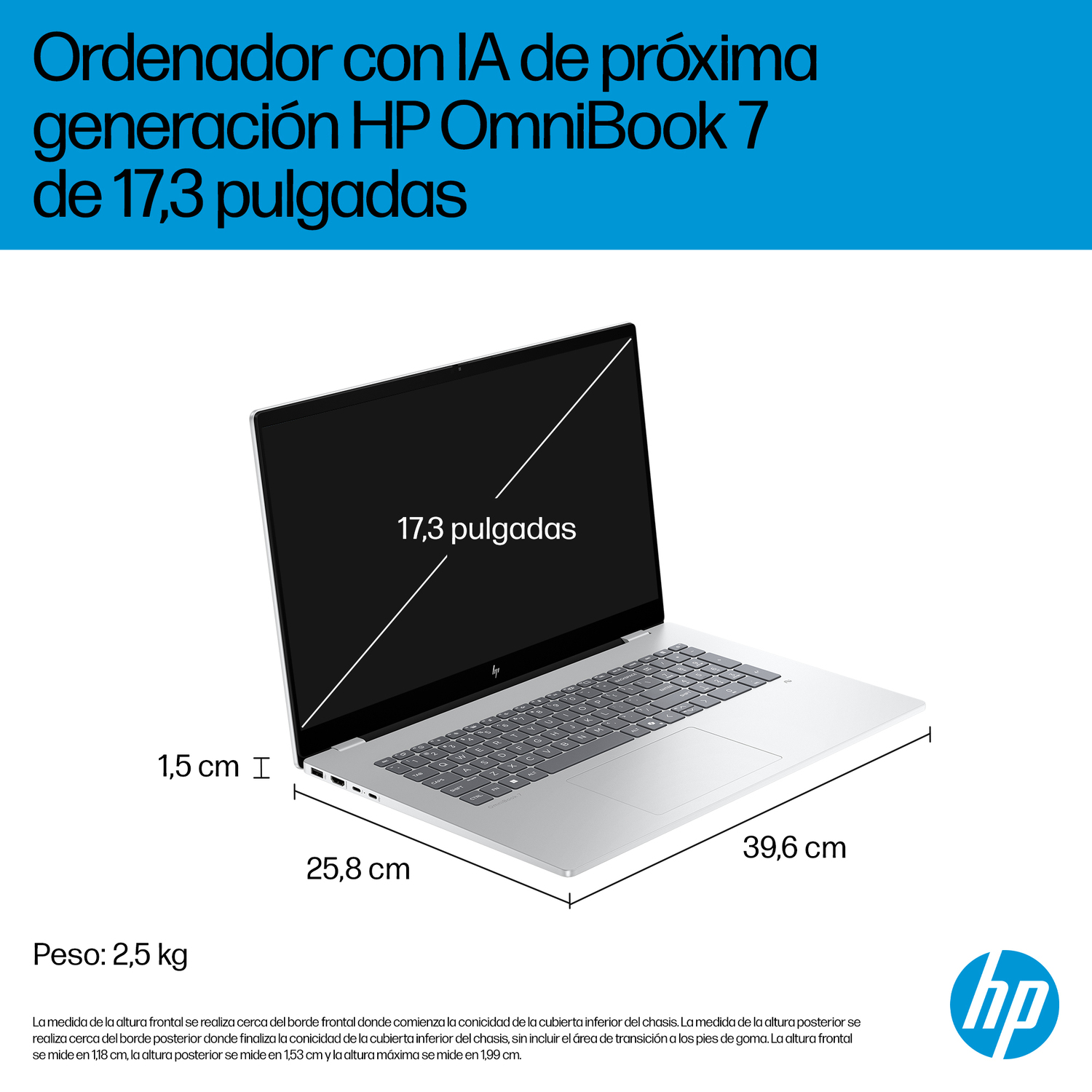 Se muestra un portátil HP plateado con pantalla negra. Se muestran dimensiones y peso. El texto incluye 'OmniBook 7' y '17.3 pulgadas'.