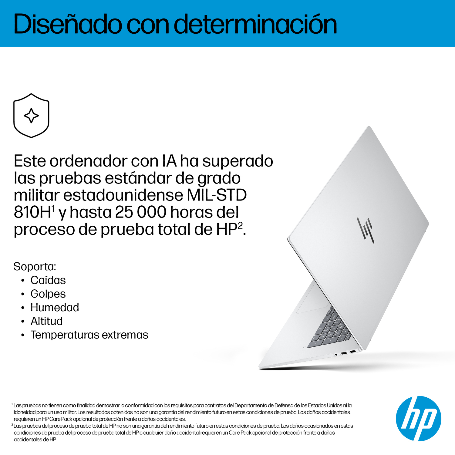 Una laptop HP blanca está abierta. El texto dice que pasó pruebas de grado militar. El logotipo de HP está en la esquina inferior derecha.