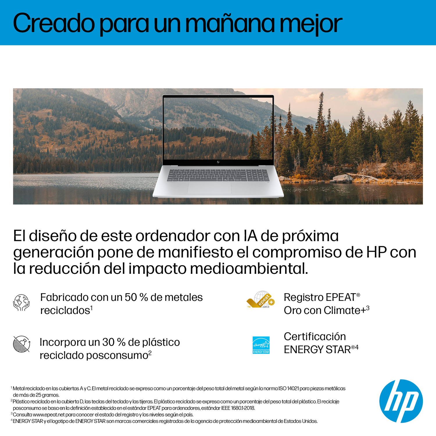 Ordenador portátil en un escritorio con un lago y montañas visibles a través de la pantalla. Detalles de texto sobre características ecológicas.