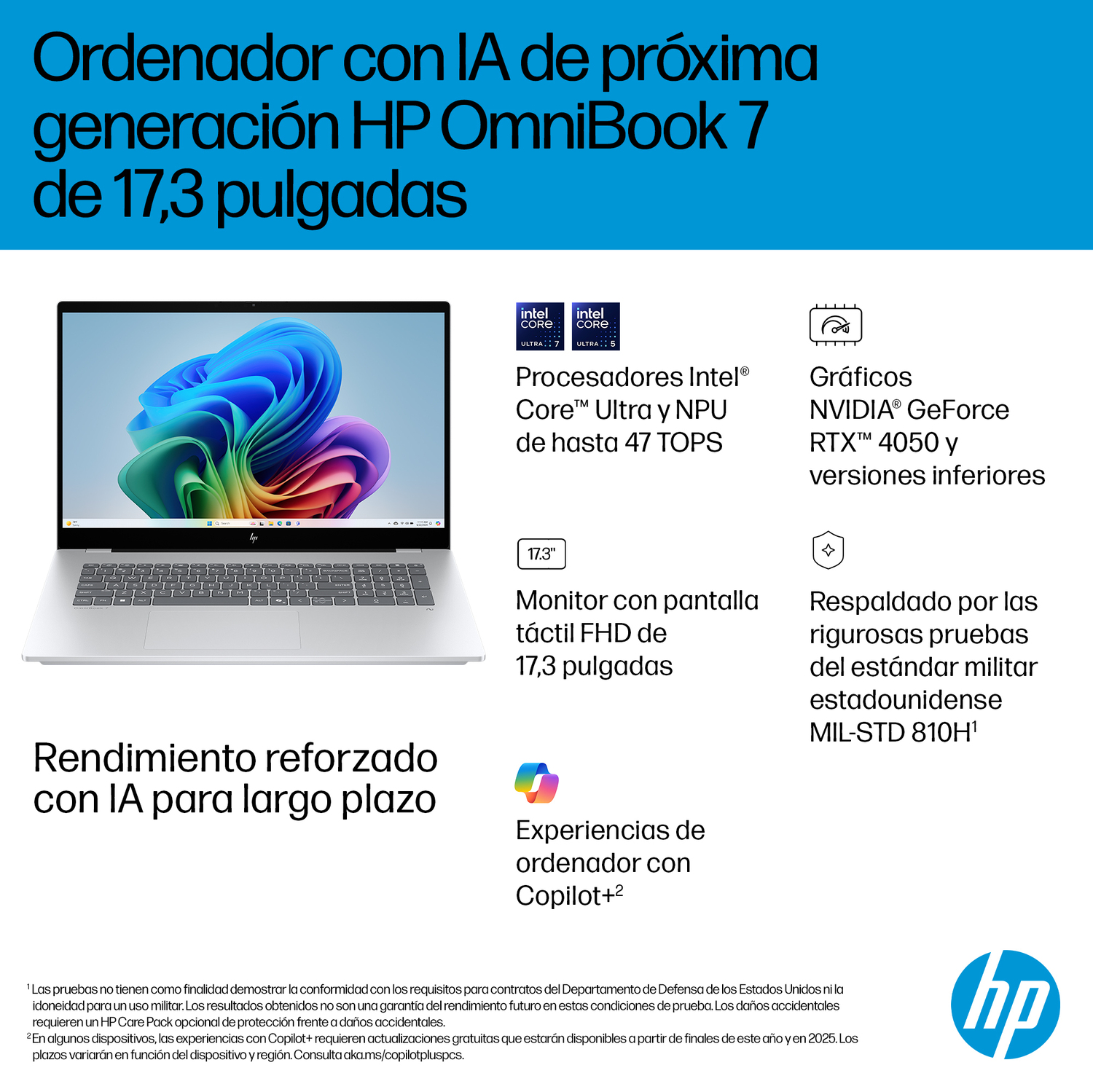 Portátil HP OmniBook 7 con pantalla de 17,3 pulgadas. Incluye procesadores Intel Core, gráficos NVIDIA GeForce y durabilidad militar.