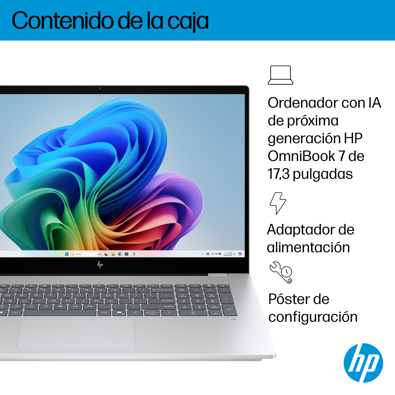 Ordenador portátil con pantalla colorida, teclado y adaptador de corriente incluido, póster de configuración y logotipo de HP sobre fondo blanco.