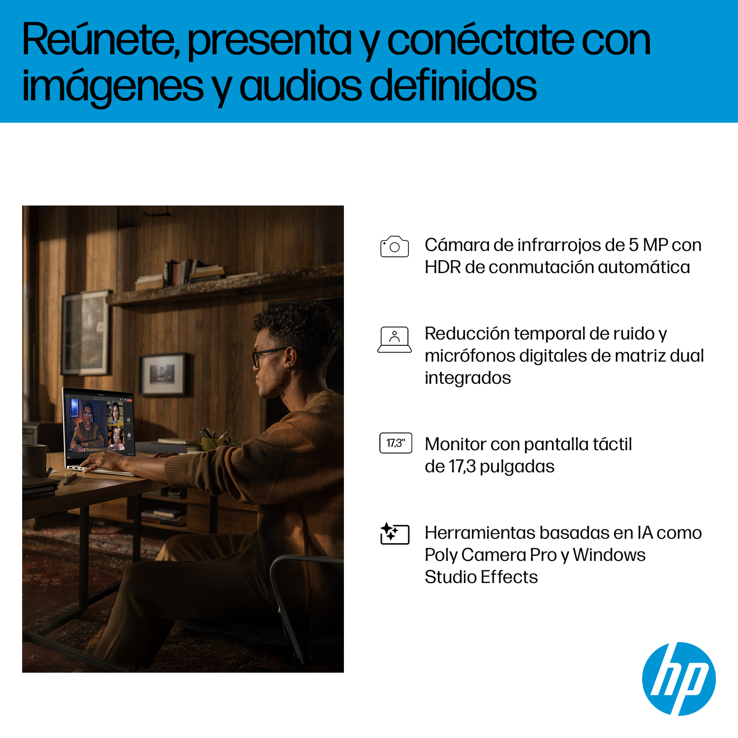 Una persona en una habitación usa una laptop. La pantalla muestra una videollamada. Logo de HP abajo a la derecha.