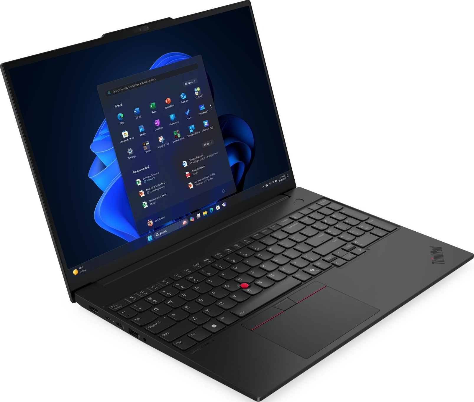 Schwarzer ThinkPad-Laptop, geöffnet, zeigt Windows-Apps und Tastatur. Der Bildschirm zeigt App-Symbole. Das Touchpad hat einen roten Streifen.