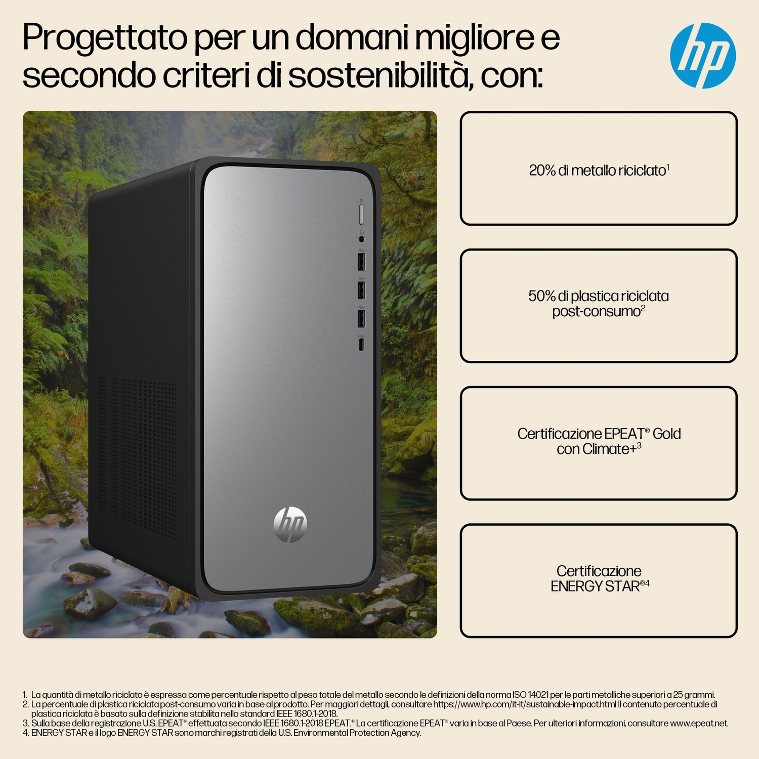 Un computer HP nero e grigio. Le caselle di testo mostrano il 20% di metallo riciclato, il 50% di plastica riciclata, EPEAT Gold ed Energy Star.