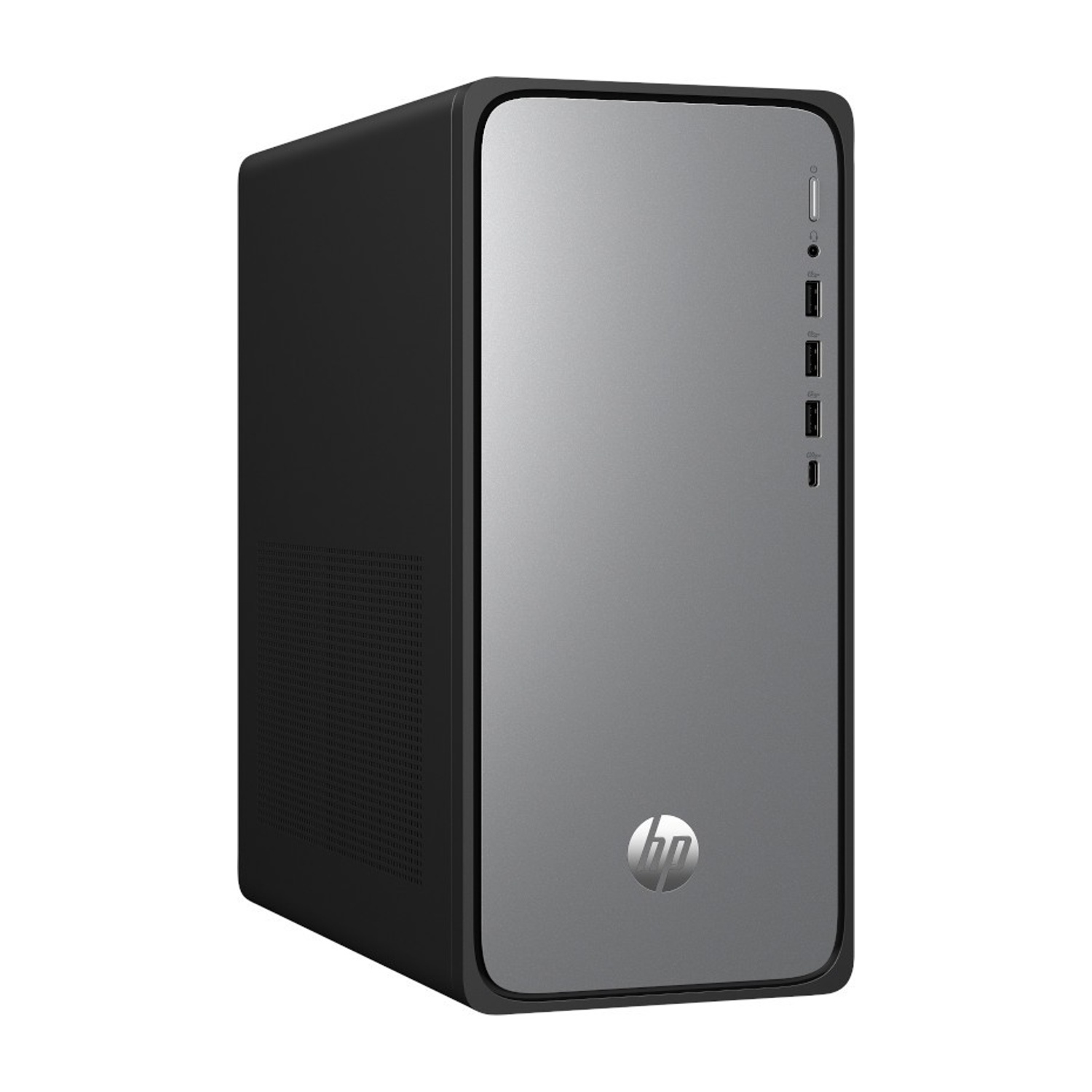 Un computer desktop HP nero e grigio. Ha il logo HP sul davanti e varie porte.