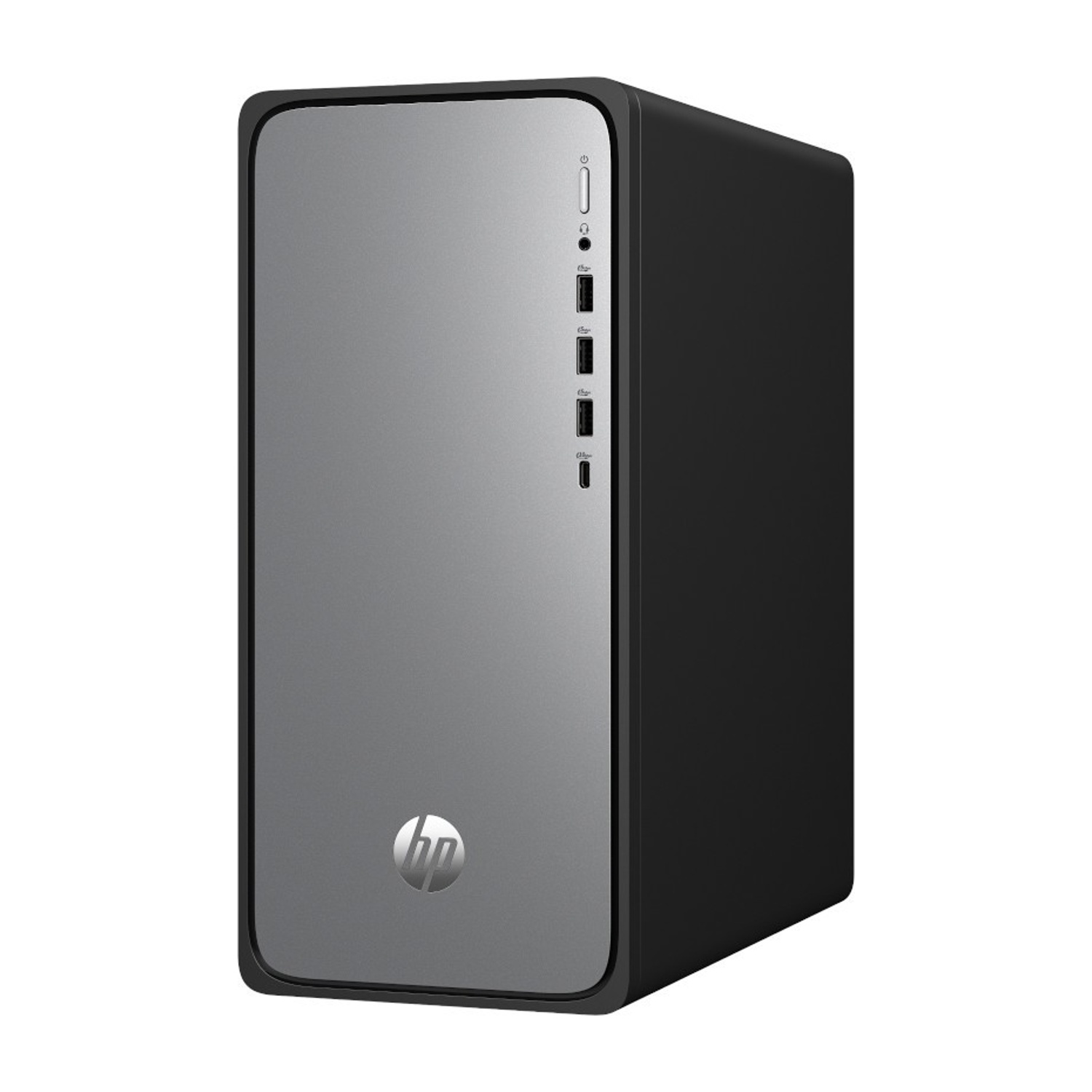 Un computer desktop in un case grigio e nero con il logo HP. Ha delle porte sul davanti. Lo sfondo è bianco.