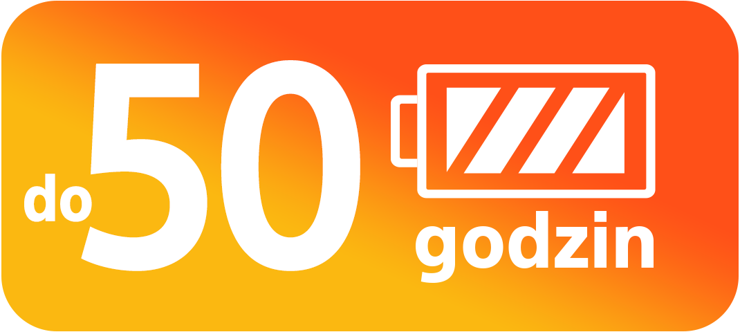 Obraz z pomarańczowym tłem gradientowym. Biały tekst mówi 'do 50 godzin' z ikoną baterii pokazującą pełne naładowanie.
