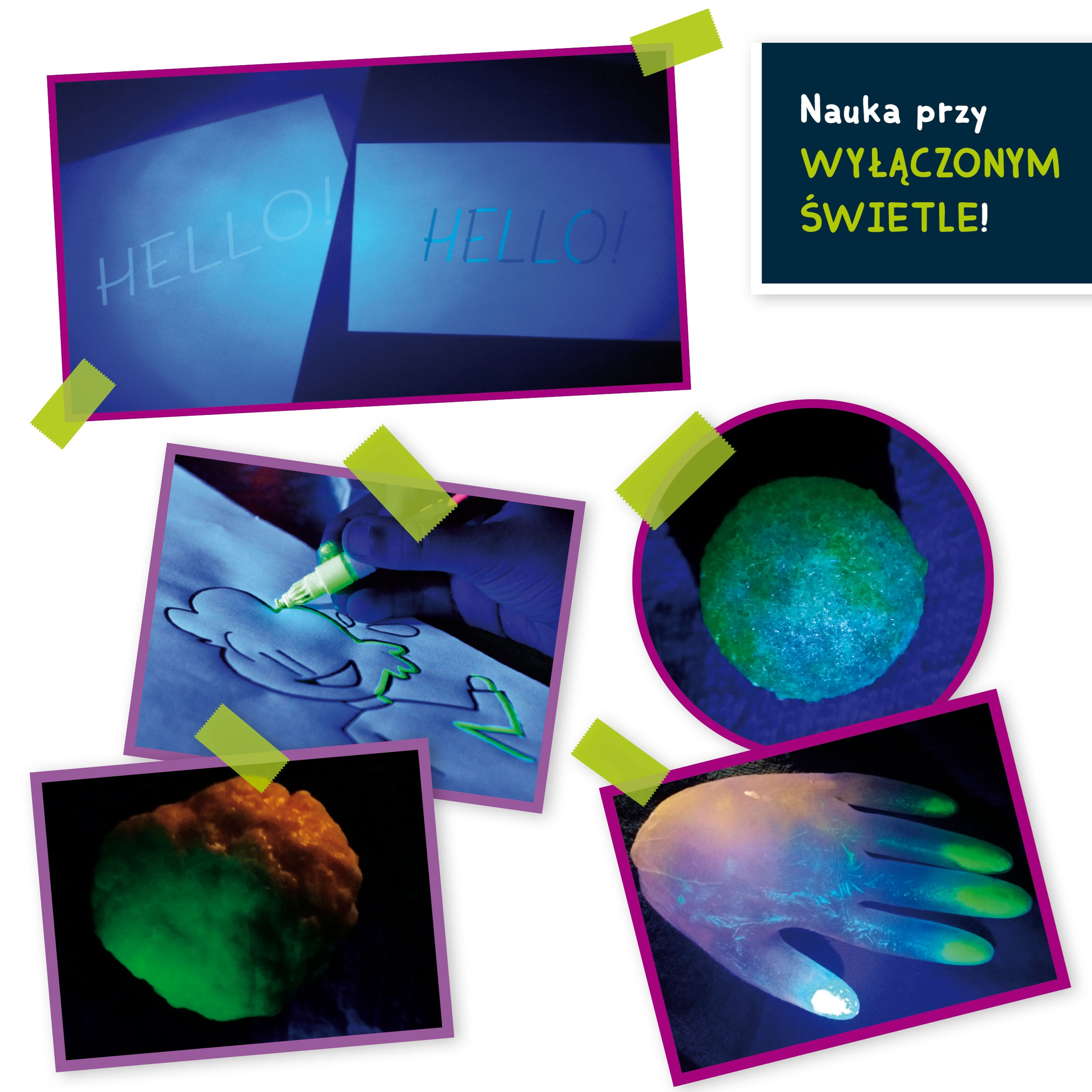 Obraz przedstawia eksperymenty świecące w ciemności. Zawiera świecące obiekty, papier z napisami i frazę 'Nauka w ciemności'.