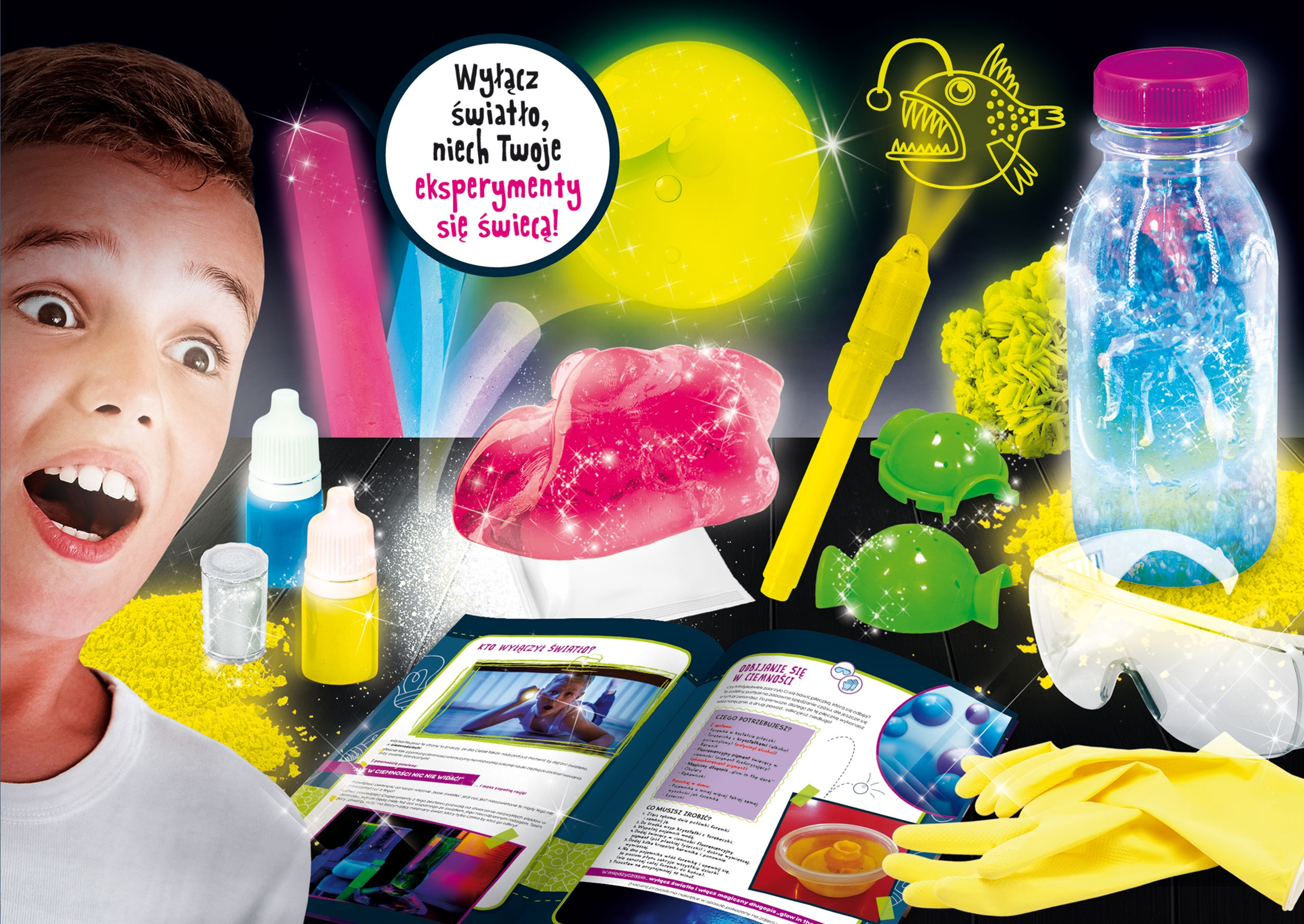 Chłopiec z zaskoczoną twarzą obok narzędzi do eksperymentów naukowych.