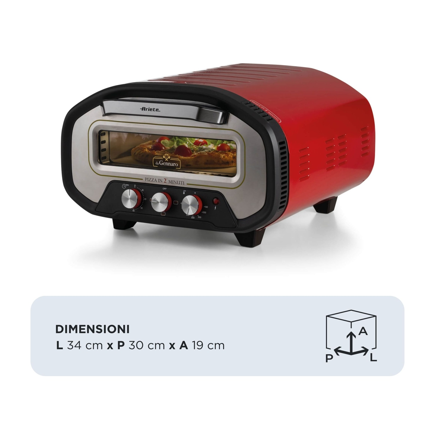Un forno per pizza Ariete rosso è su una superficie bianca. Mostra una pizza all'interno del forno. Le dimensioni sono elencate di seguito.