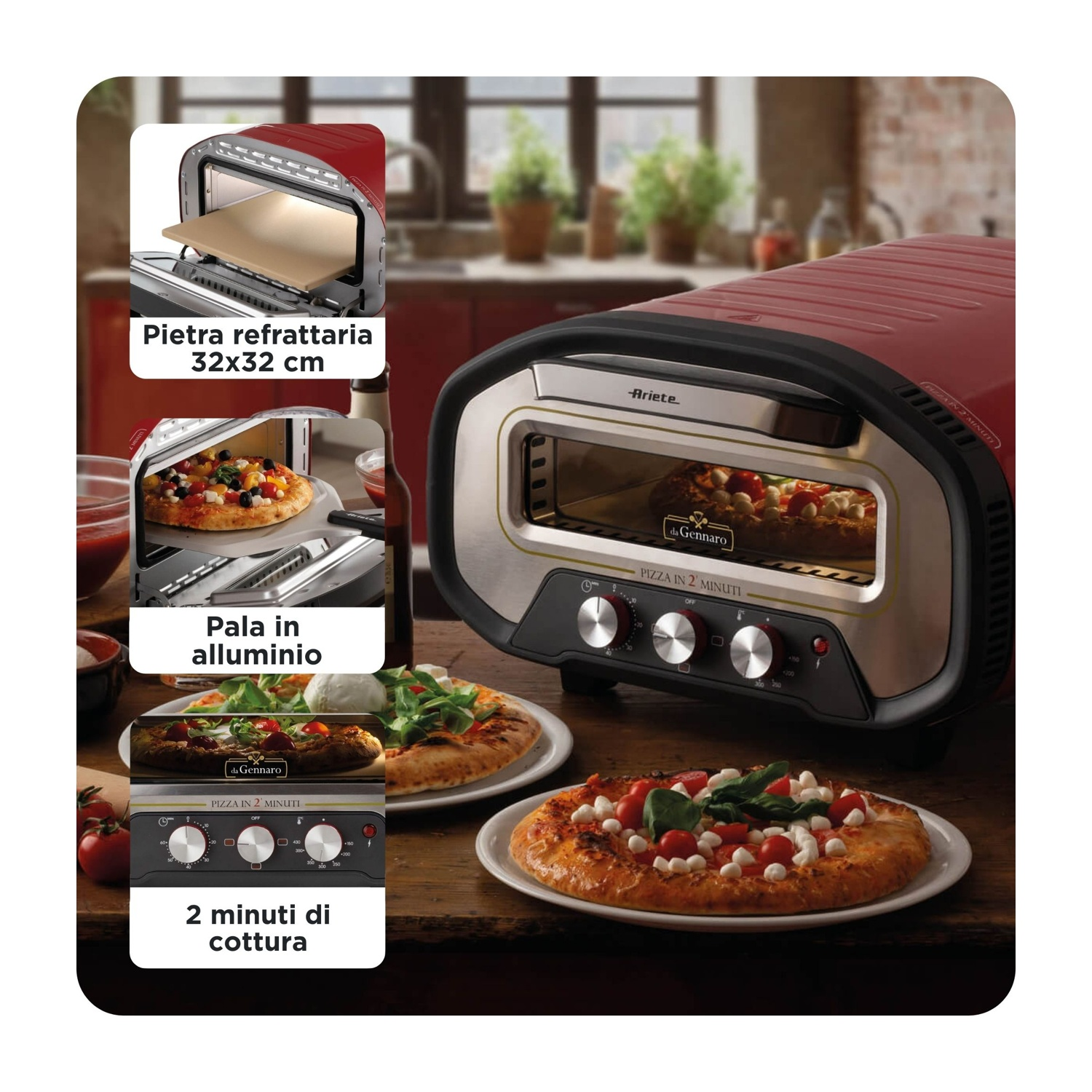 Un forno per pizza rosso con una pizza all'interno. Ci sono due pizze davanti al forno su un tavolo di legno. Testo in italiano visibile.