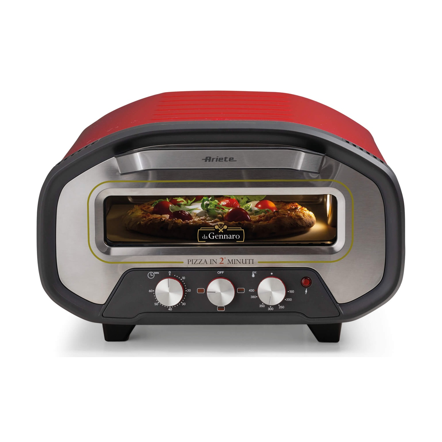 Forno per pizza rosso e nero con pizza all'interno. Con manopole di controllo e pulsante di accensione. Il marchio è Ariete.