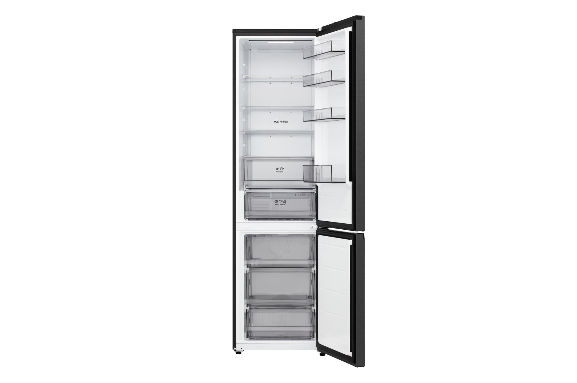 Offener Kühlschrank, schwarze Außenseite, weißer Innenraum. Regale, Schubladen sichtbar. Etiketten wie 'Multi Air Flow', 'Fresh Zone' und 'Fresh Convert'.